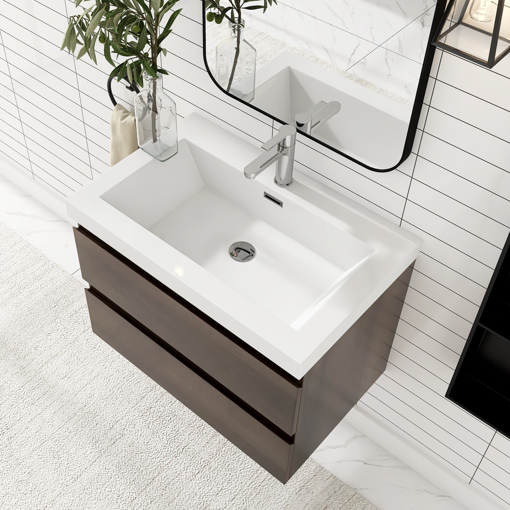 24"/30"/36"/48" Wall-Mounted 2-drawer Bathroom Vanity Set with Integrated Resin Sink