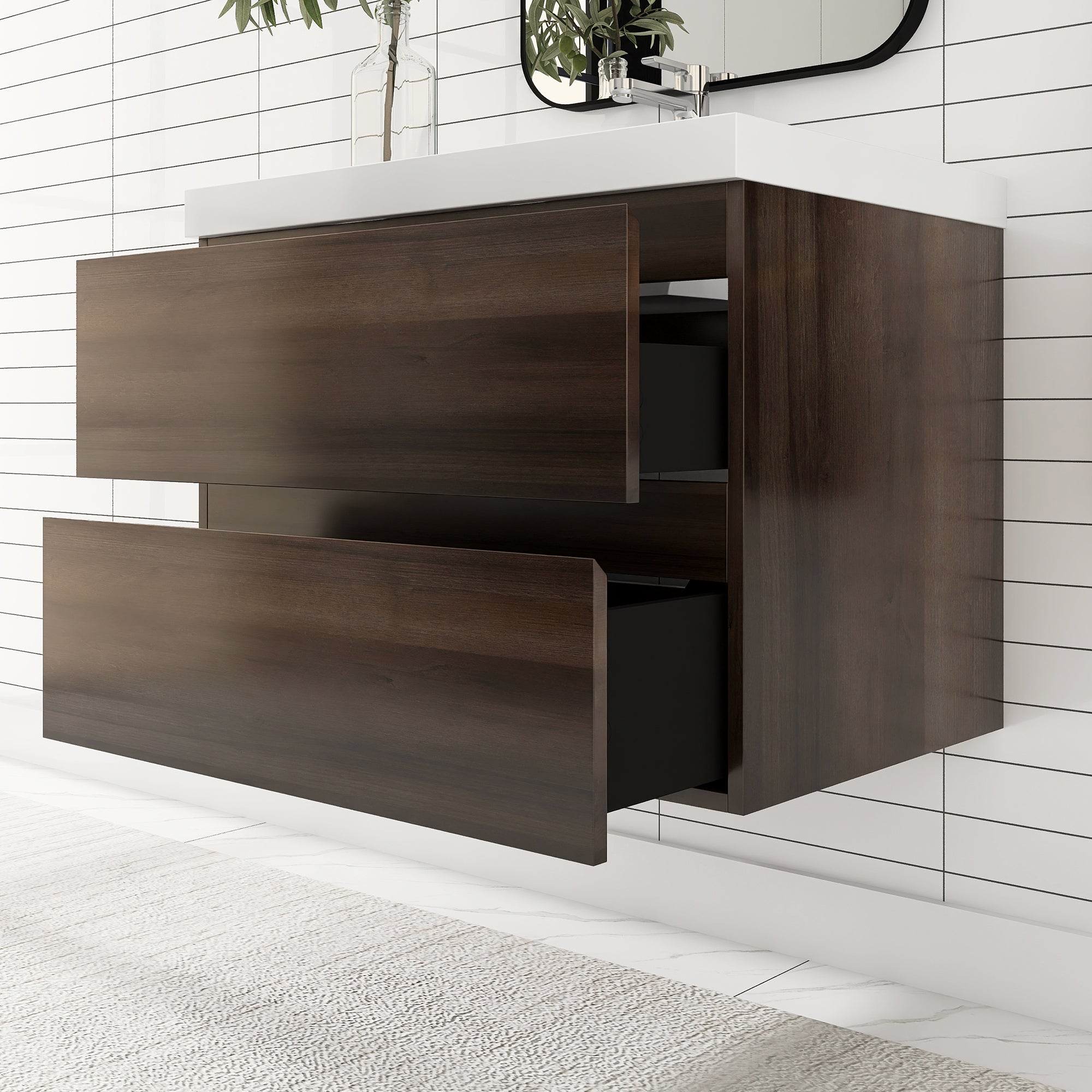 24"/30"/36"/48" Wall-Mounted 2-drawer Bathroom Vanity Set with Integrated Resin Sink
