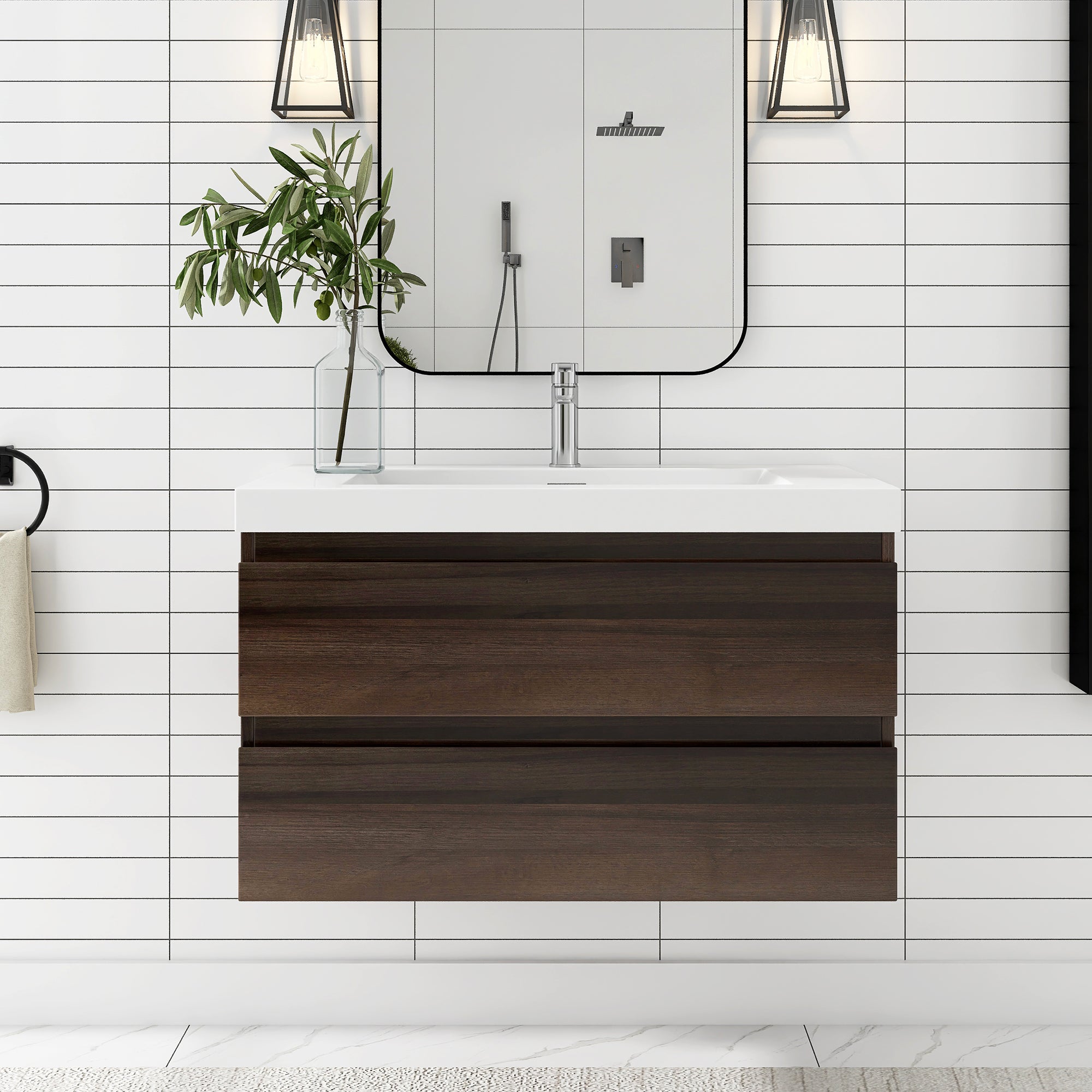 24"/30"/36"/48" Wall-Mounted 2-drawer Bathroom Vanity Set with Integrated Resin Sink