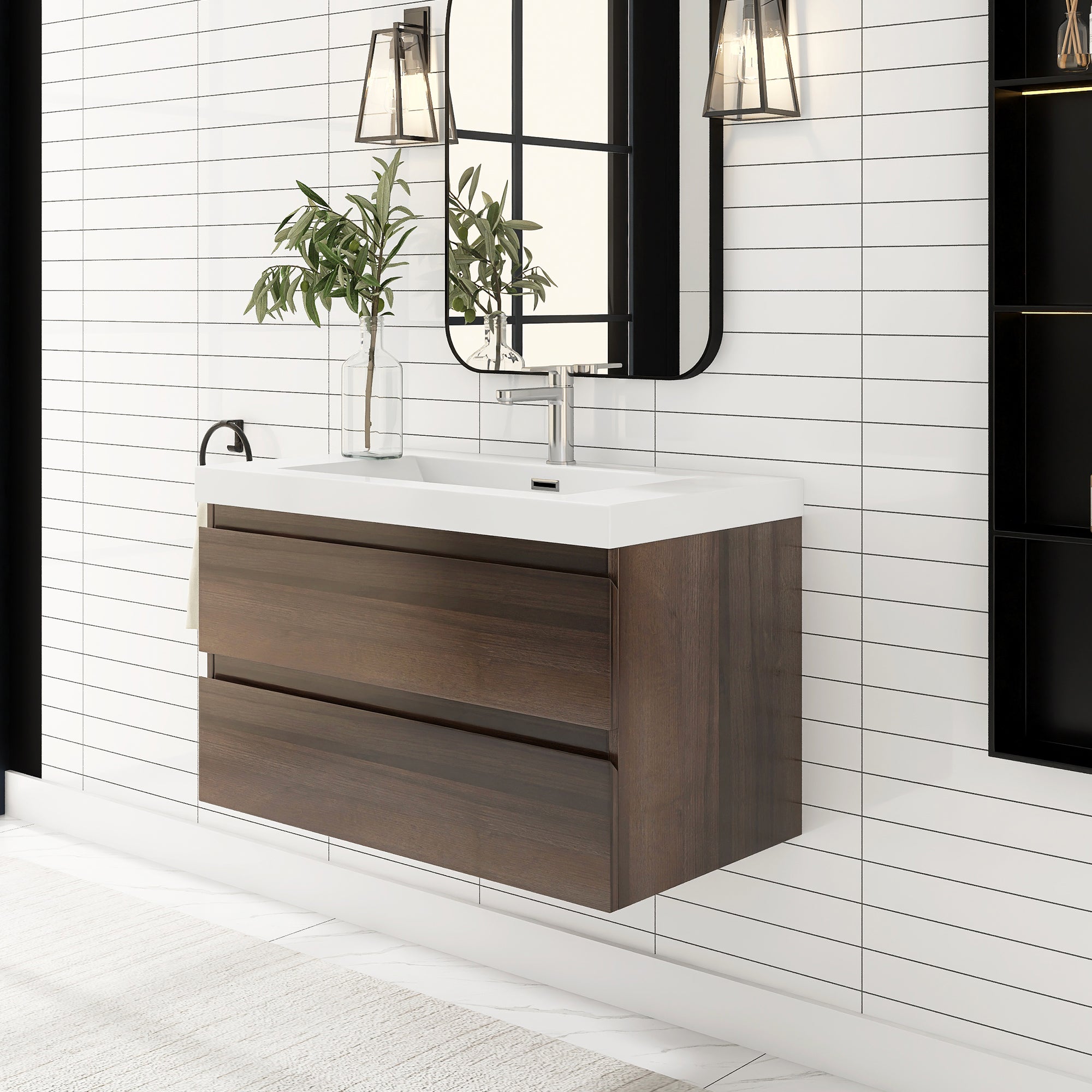 24"/30"/36"/48" Wall-Mounted 2-drawer Bathroom Vanity Set with Integrated Resin Sink