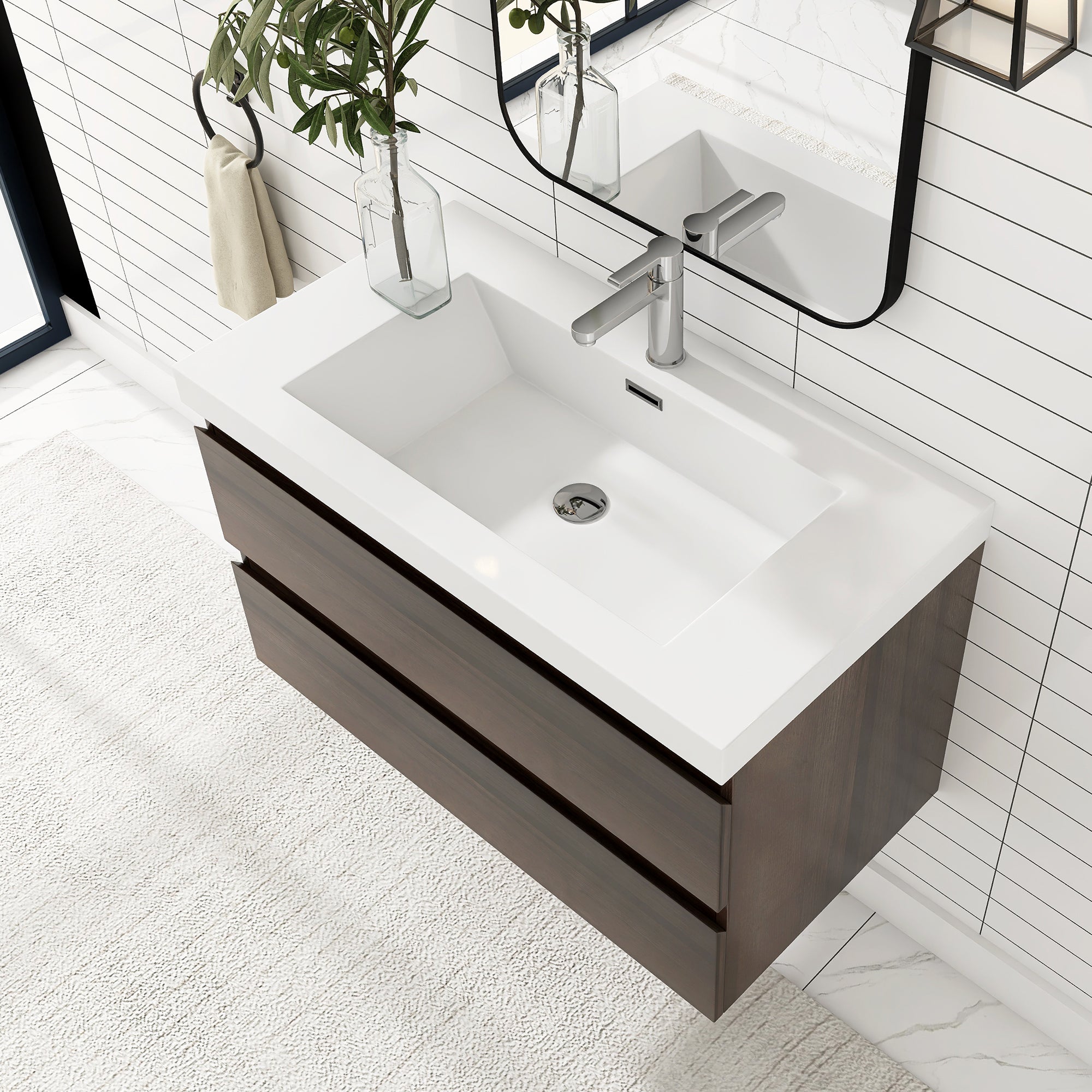 24"/30"/36"/48" Wall-Mounted 2-drawer Bathroom Vanity Set with Integrated Resin Sink