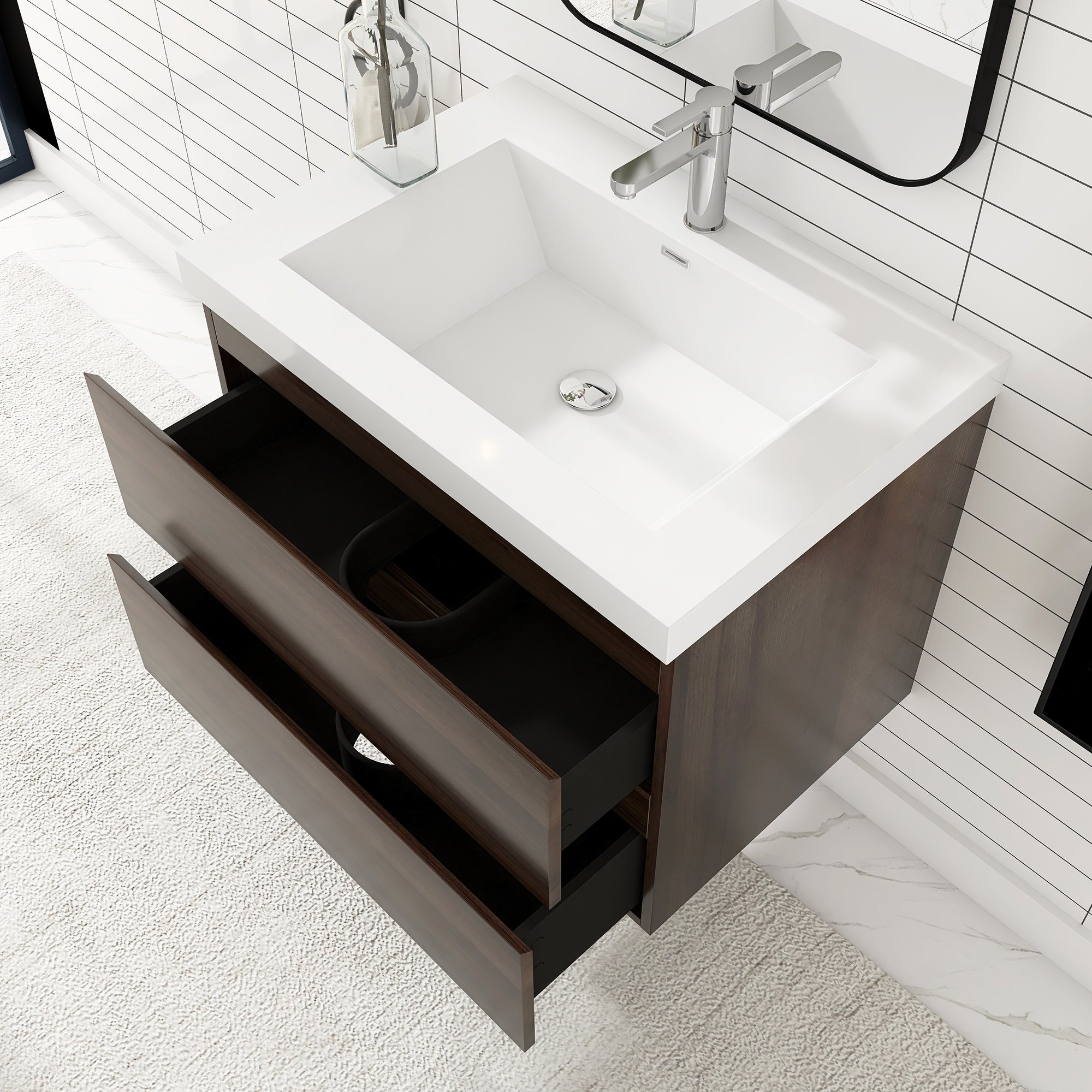 24"/30"/36"/48" Wall-Mounted 2-drawer Bathroom Vanity Set with Integrated Resin Sink