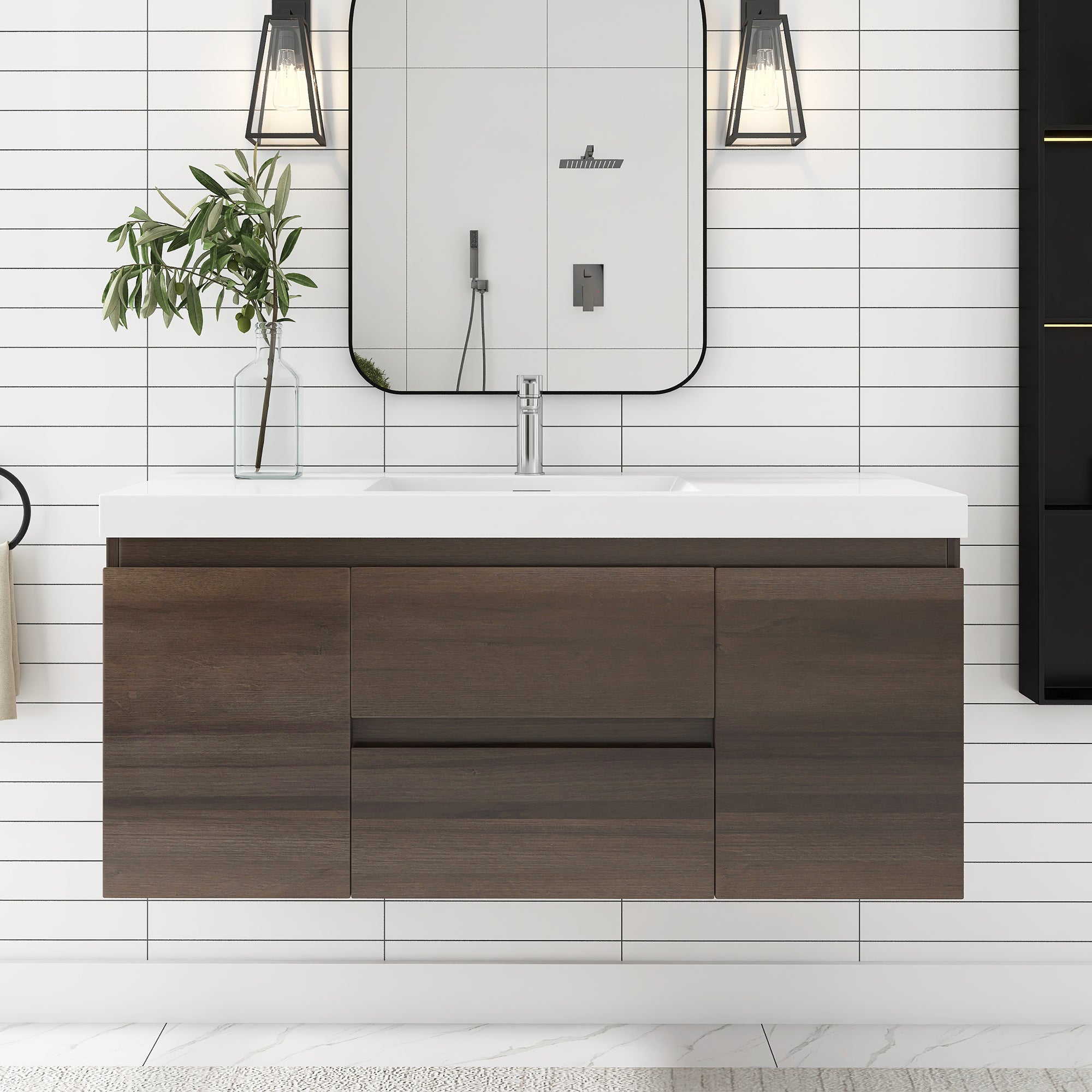 24"/30"/36"/48" Wall-Mounted 2-drawer Bathroom Vanity Set with Integrated Resin Sink