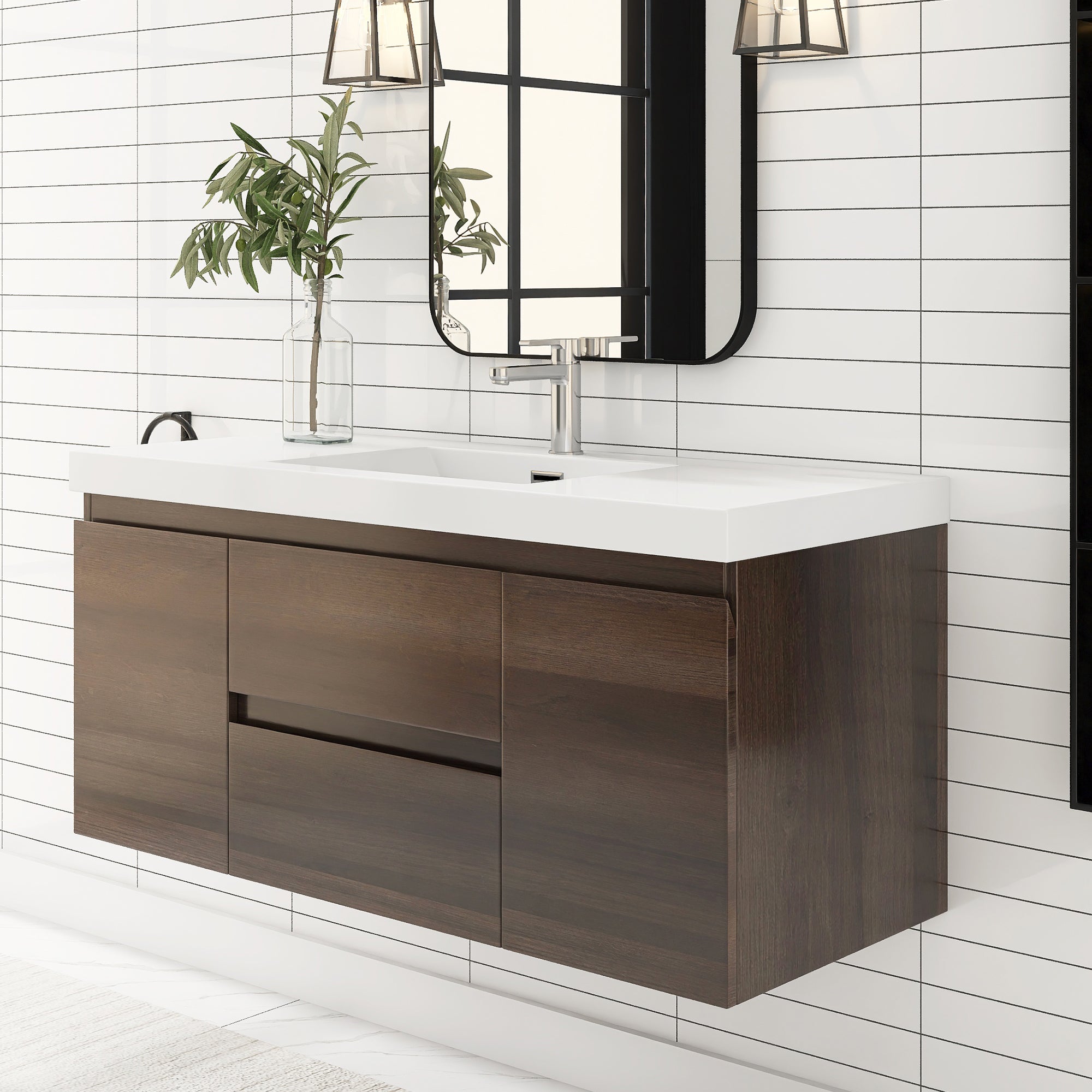 24"/30"/36"/48" Wall-Mounted 2-drawer Bathroom Vanity Set with Integrated Resin Sink