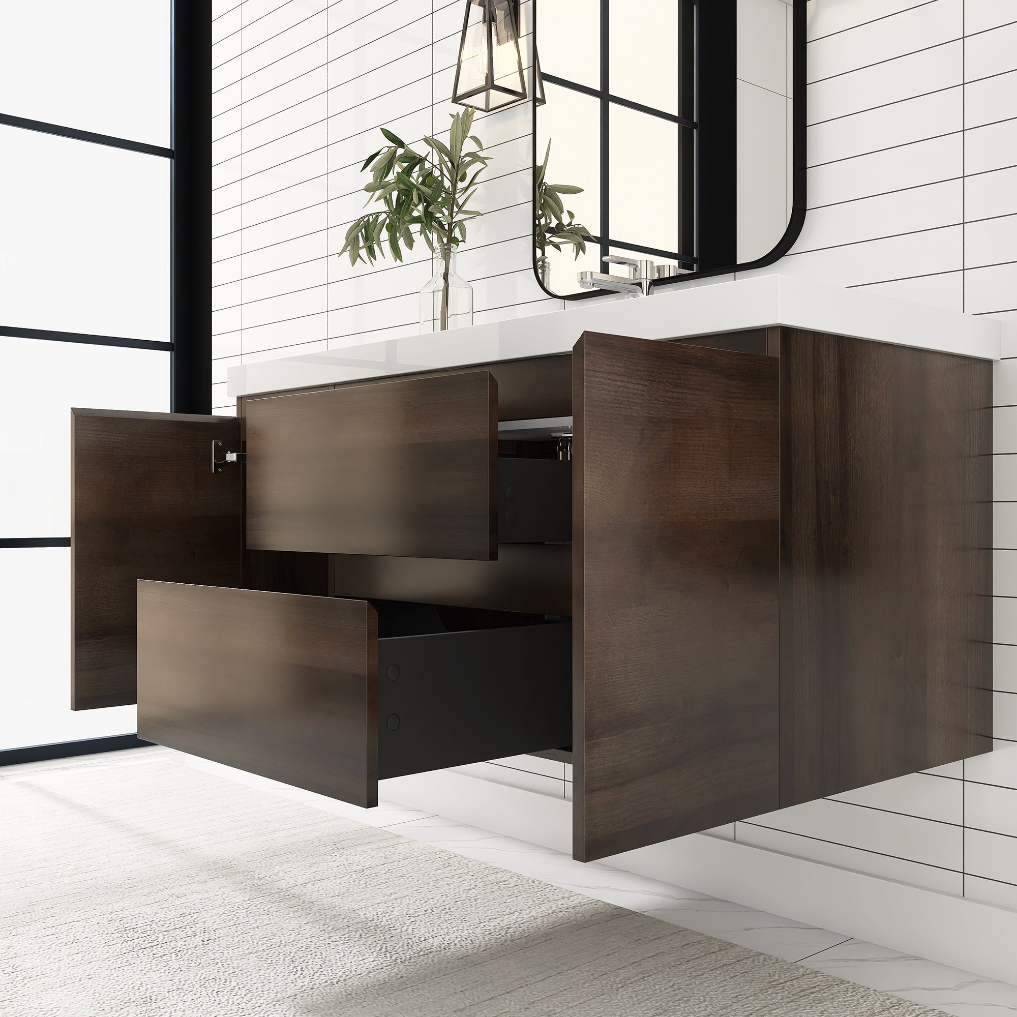 24"/30"/36"/48" Wall-Mounted 2-drawer Bathroom Vanity Set with Integrated Resin Sink