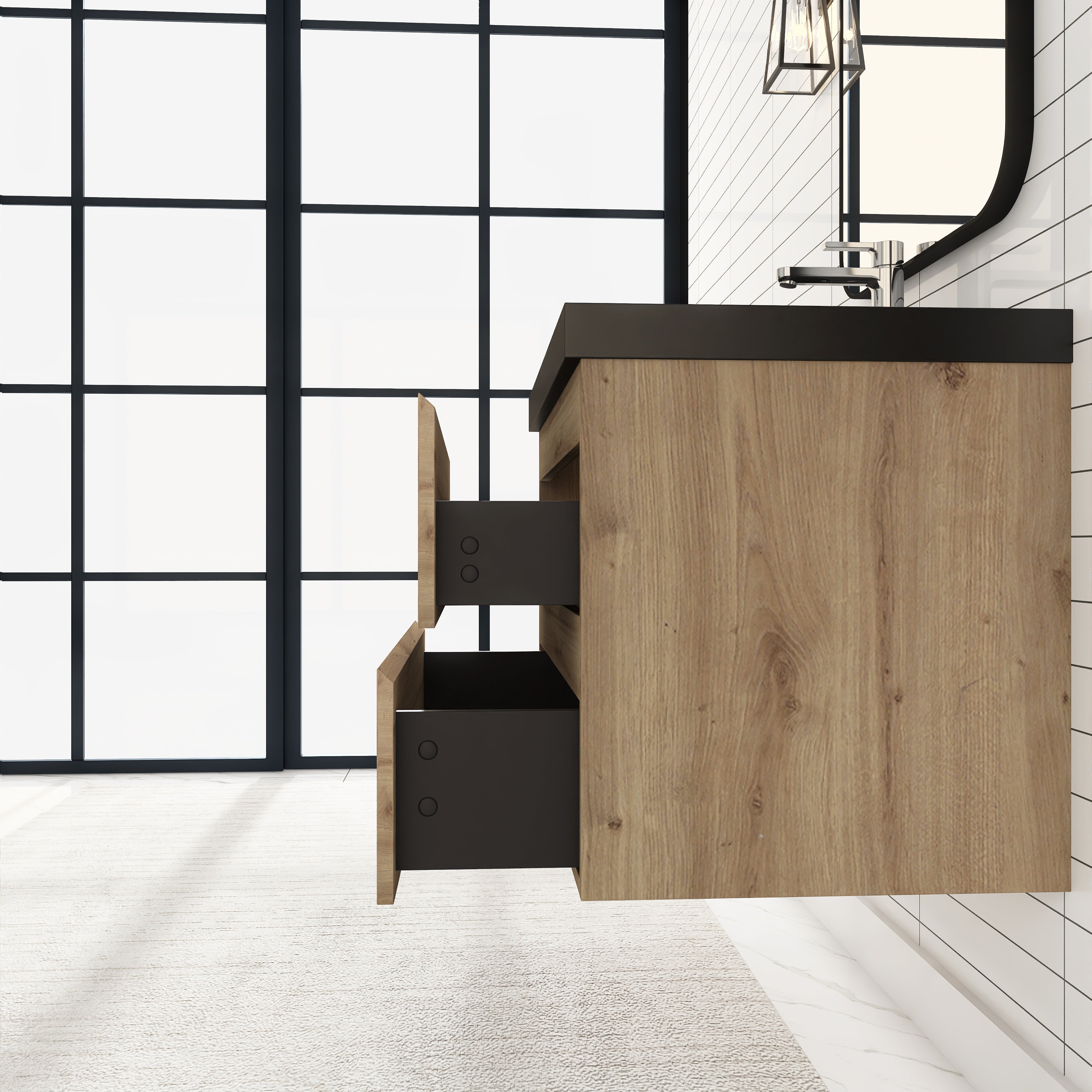 24/30/36 inch Wall-Mounted Bathroom Vanity Set in F. Oak with Integrated Black Resin Sink