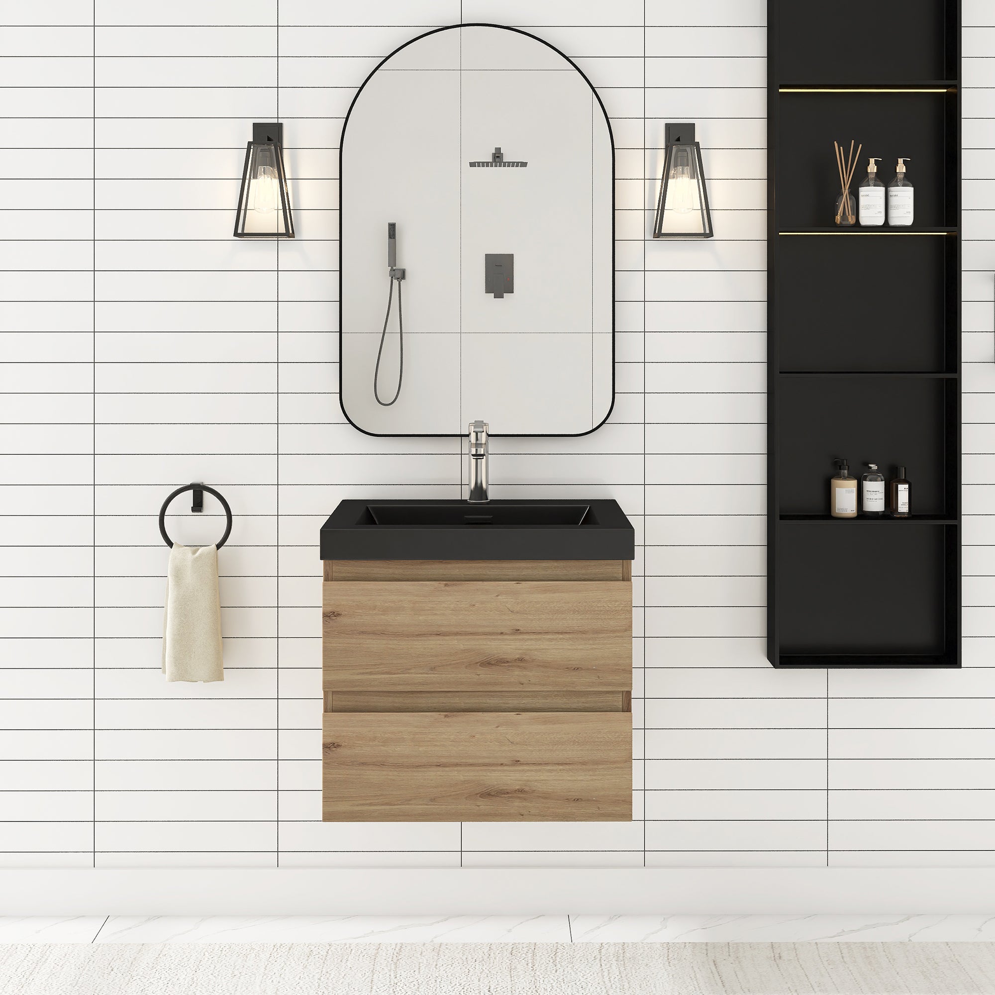 24/30/36 inch Wall-Mounted Bathroom Vanity Set in F. Oak with Integrated Black Resin Sink