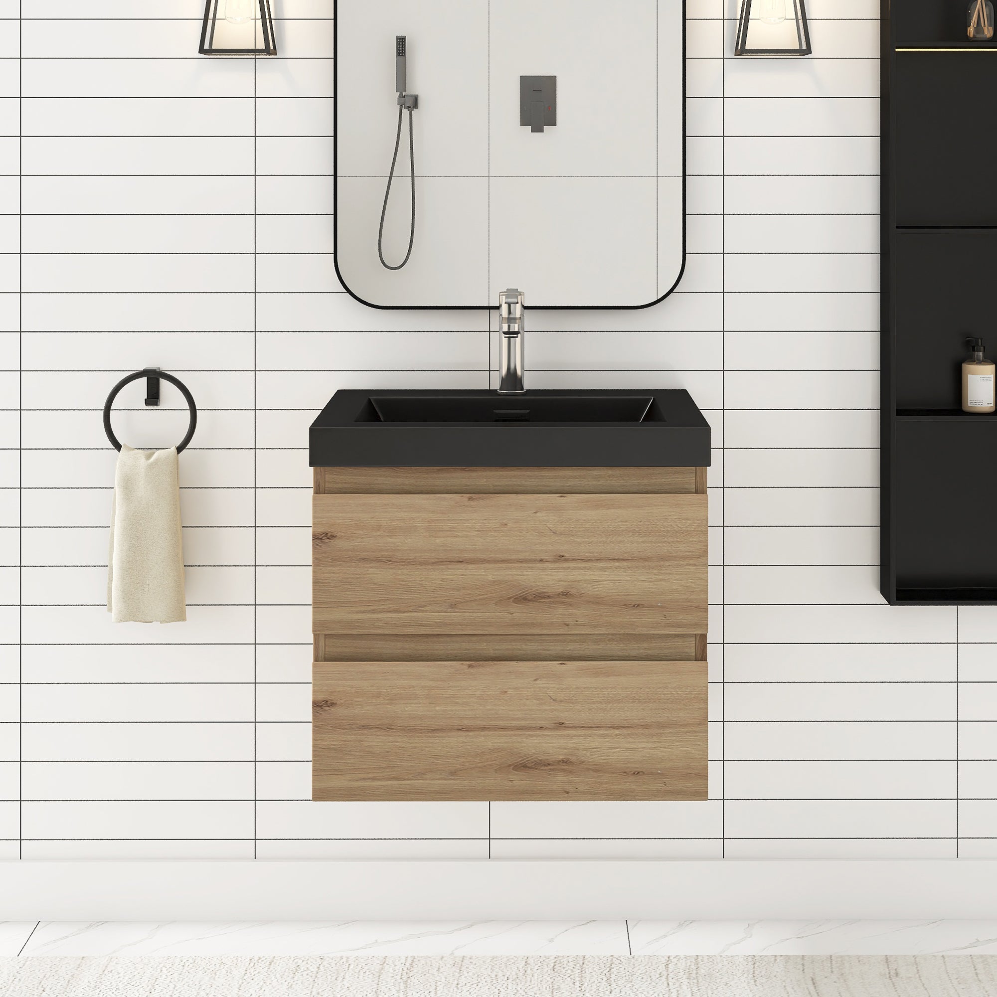 24/30/36 inch Wall-Mounted Bathroom Vanity Set in F. Oak with Integrated Black Resin Sink