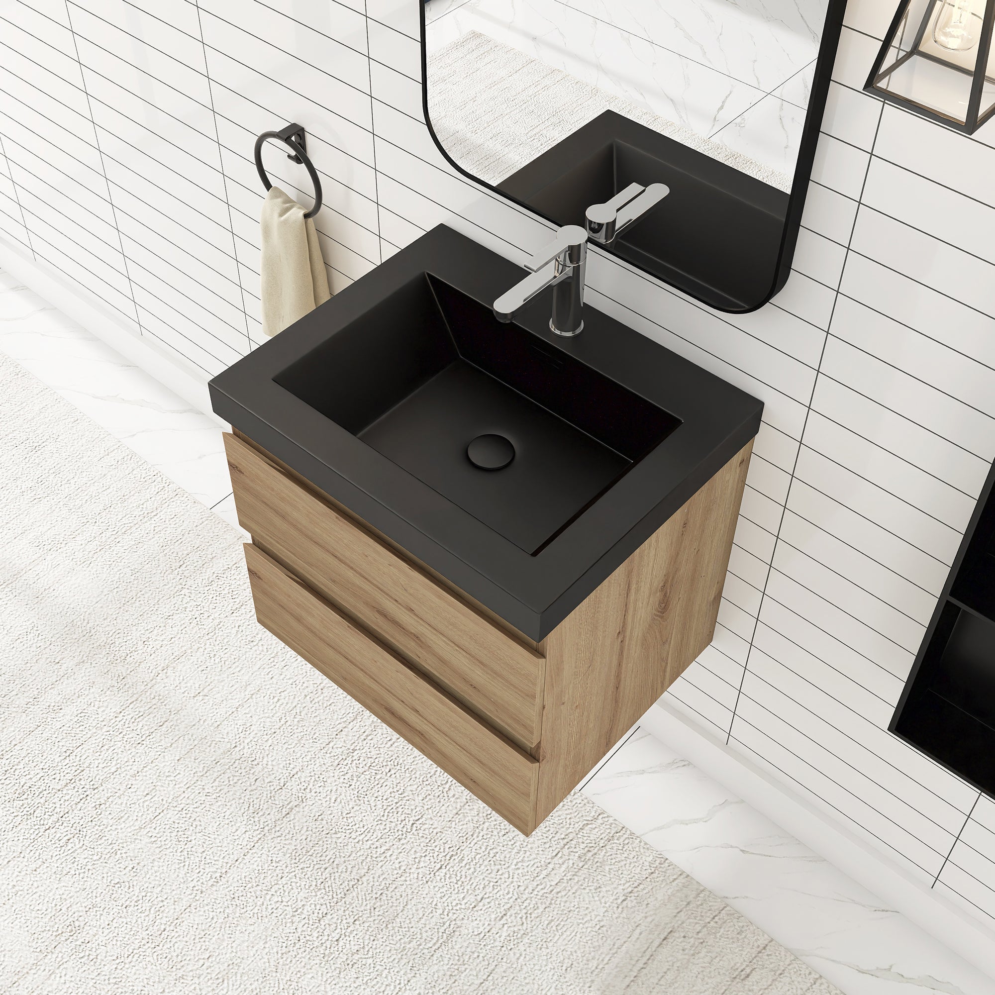24/30/36 inch Wall-Mounted Bathroom Vanity Set in F. Oak with Integrated Black Resin Sink