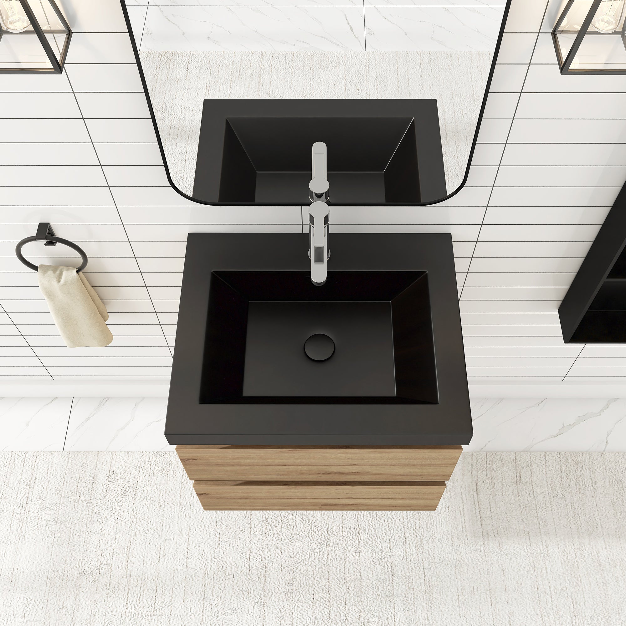 24/30/36 inch Wall-Mounted Bathroom Vanity Set in F. Oak with Integrated Black Resin Sink