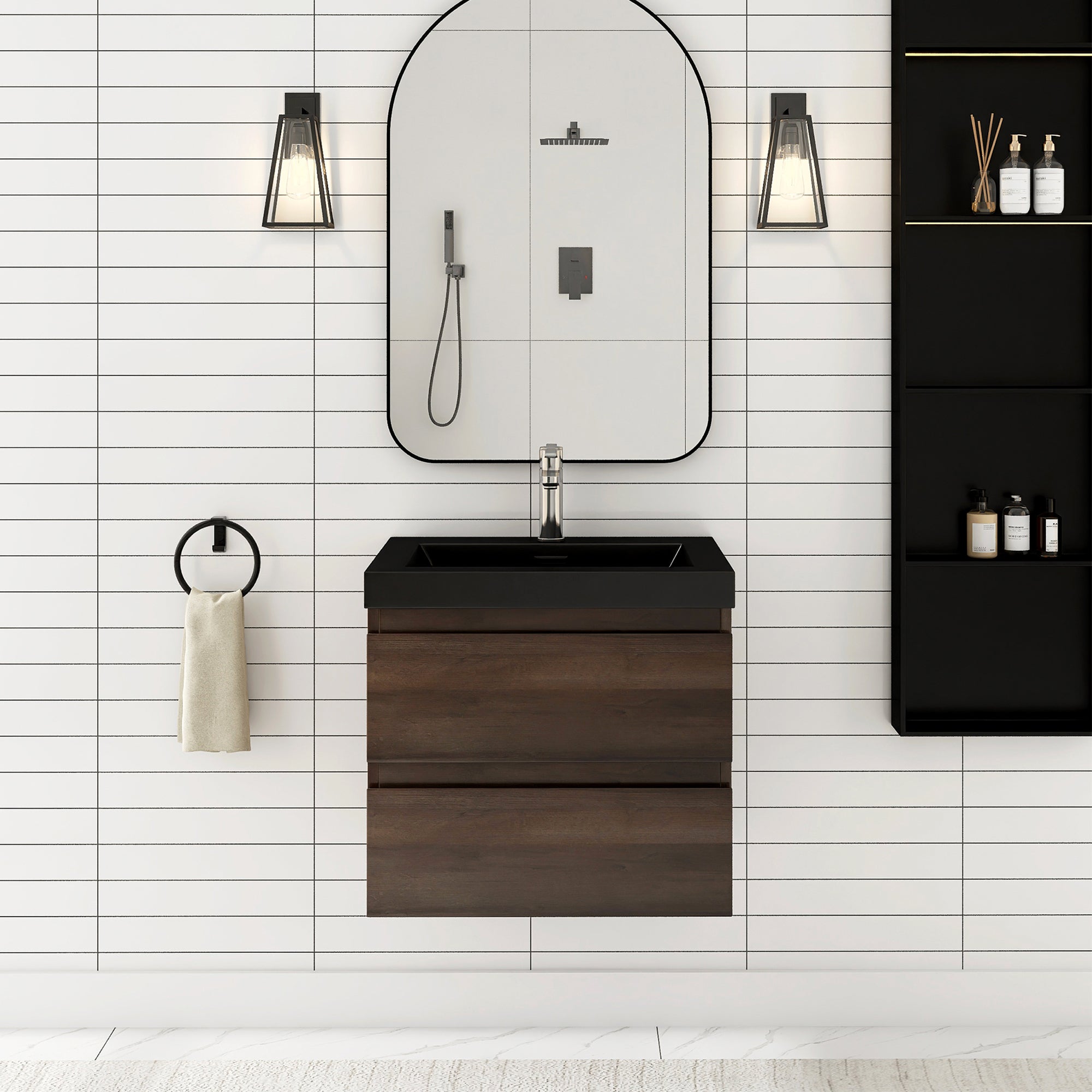 24/30/36 inch Wall-Mounted Bathroom Vanity Set in Grey Oak with Integrated Black Resin Sink