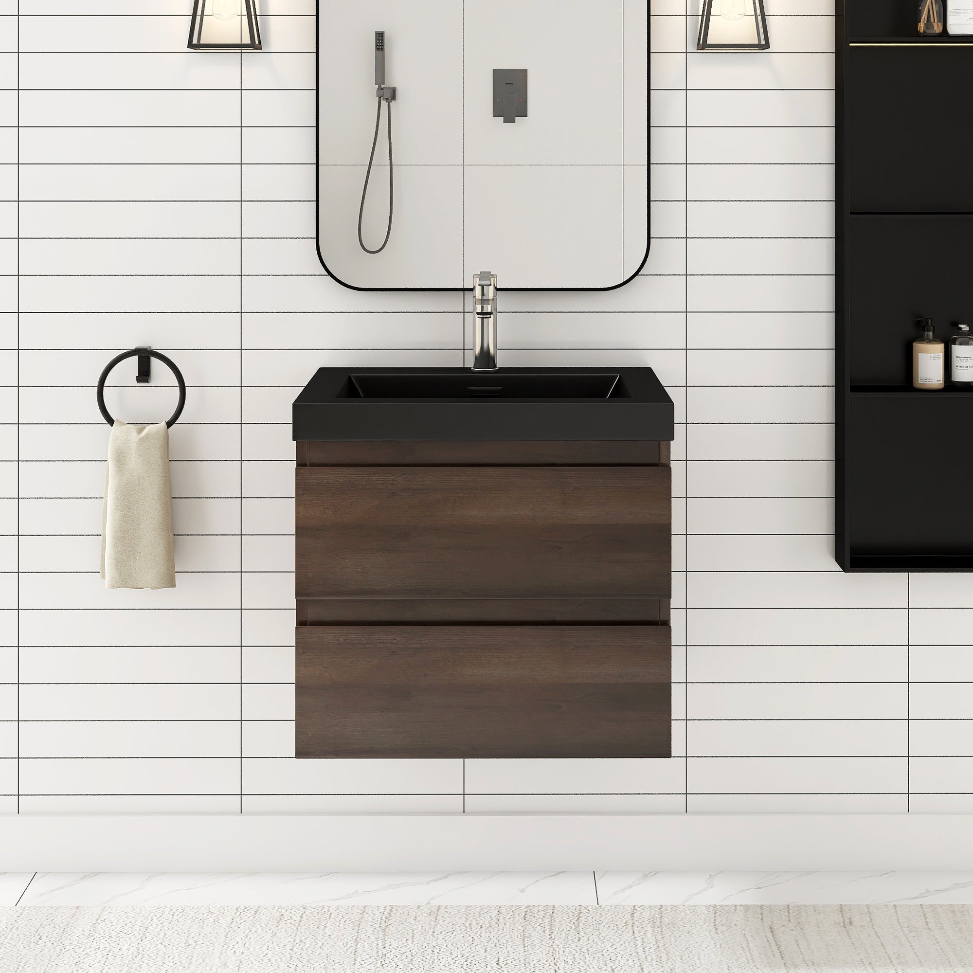 24/30/36 inch Wall-Mounted Bathroom Vanity Set in Grey Oak with Integrated Black Resin Sink