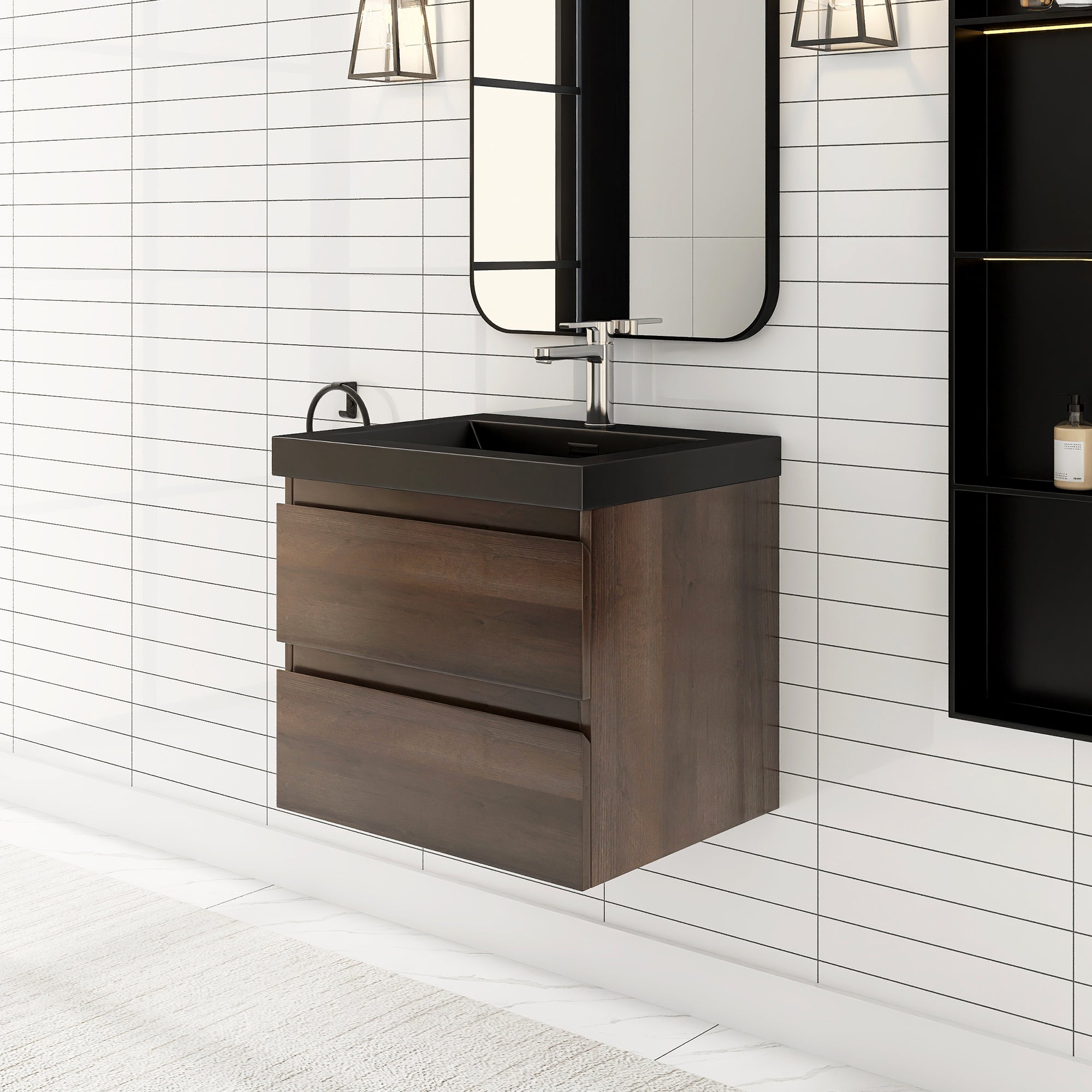 24/30/36 inch Wall-Mounted Bathroom Vanity Set in Grey Oak with Integrated Black Resin Sink