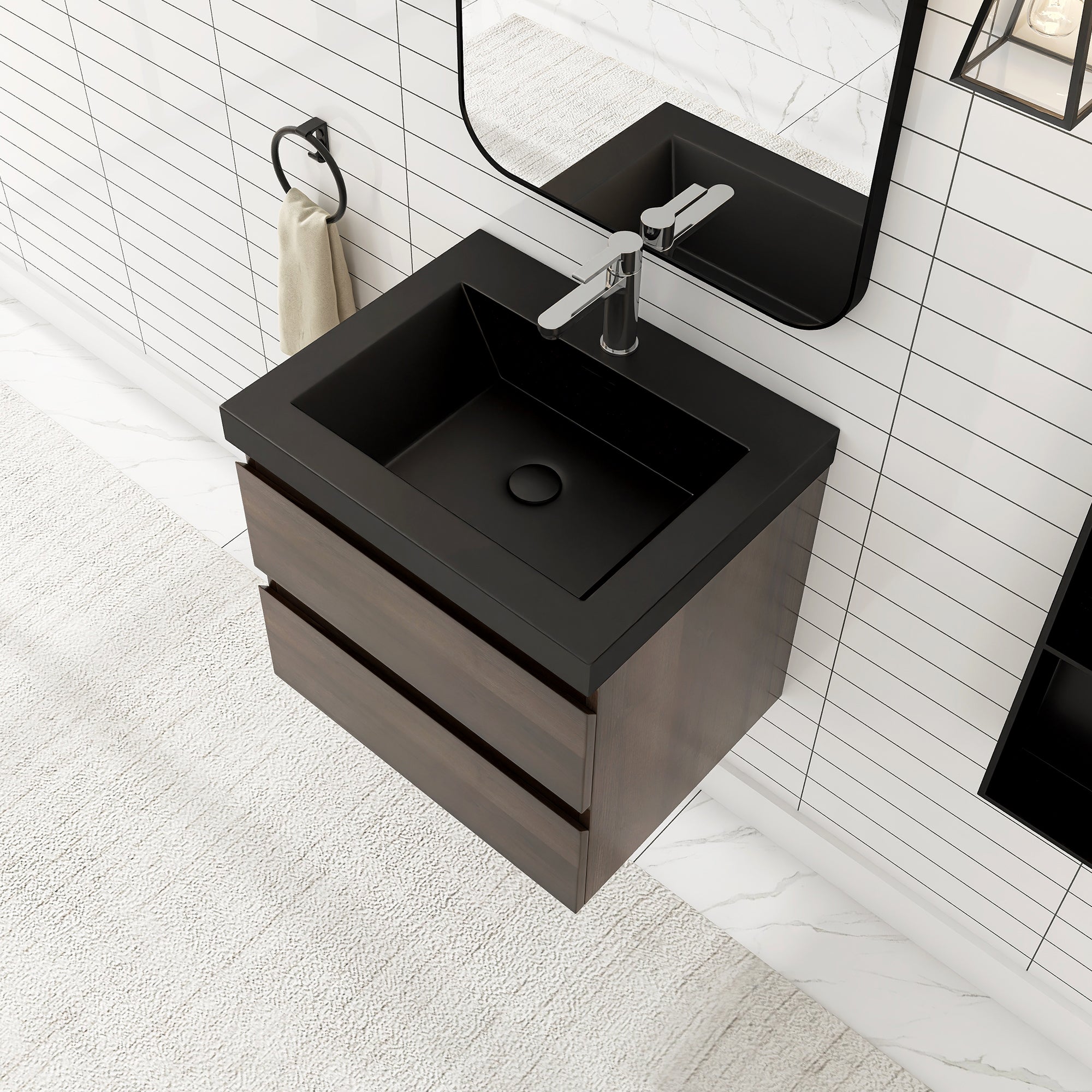 24/30/36 inch Wall-Mounted Bathroom Vanity Set in Grey Oak with Integrated Black Resin Sink