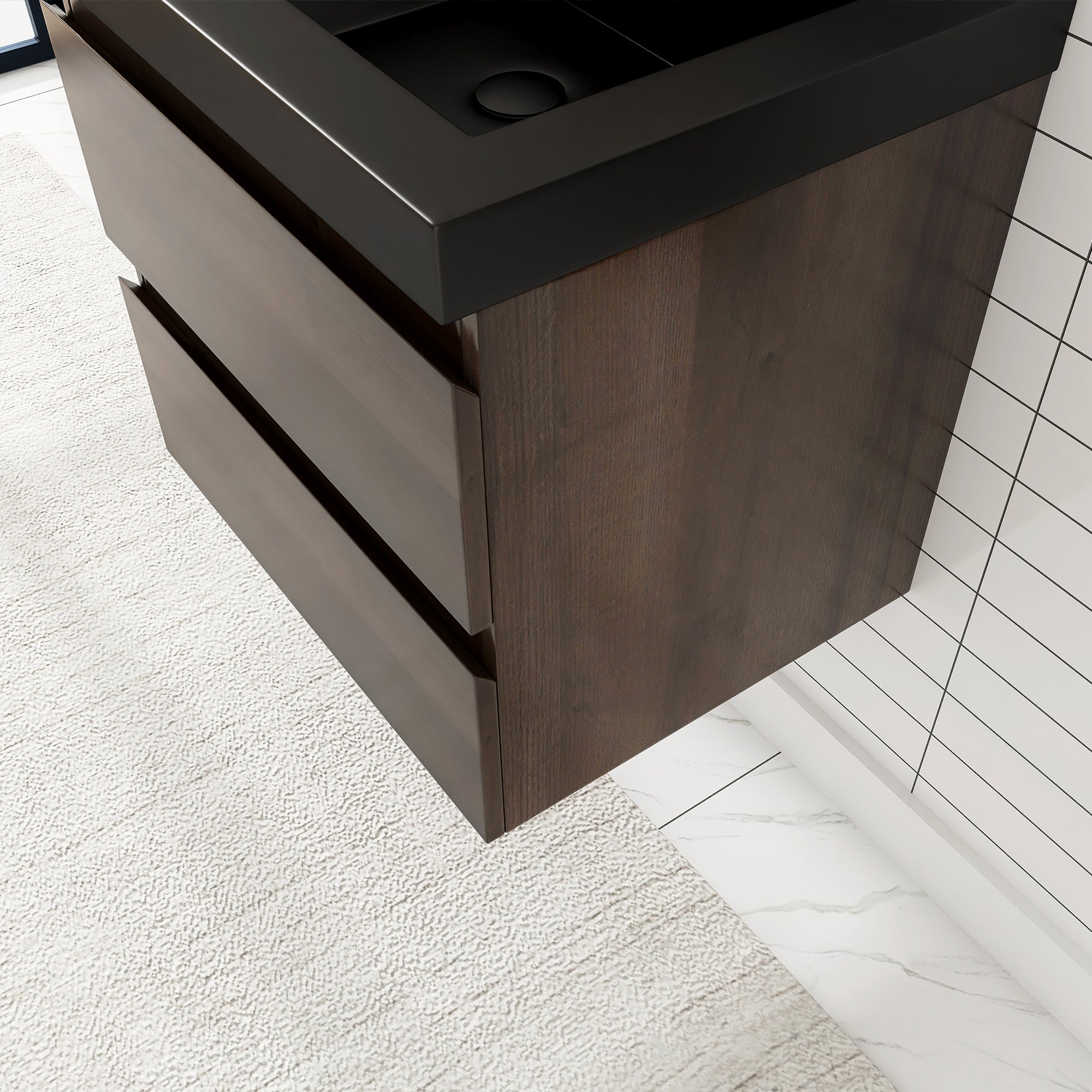 24/30/36 inch Wall-Mounted Bathroom Vanity Set in Grey Oak with Integrated Black Resin Sink