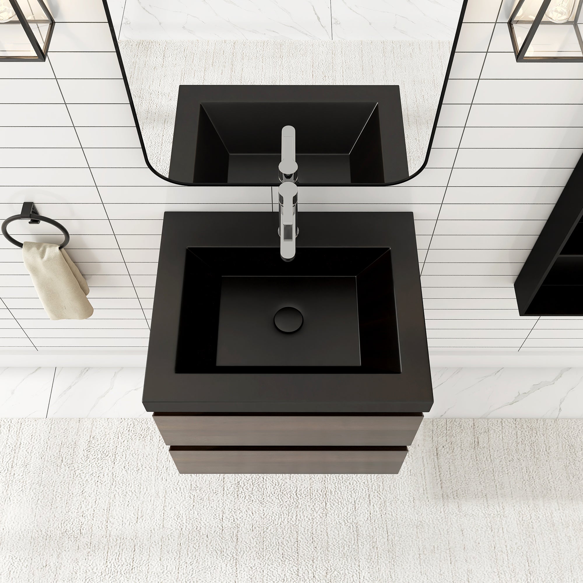 24/30/36 inch Wall-Mounted Bathroom Vanity Set in Grey Oak with Integrated Black Resin Sink