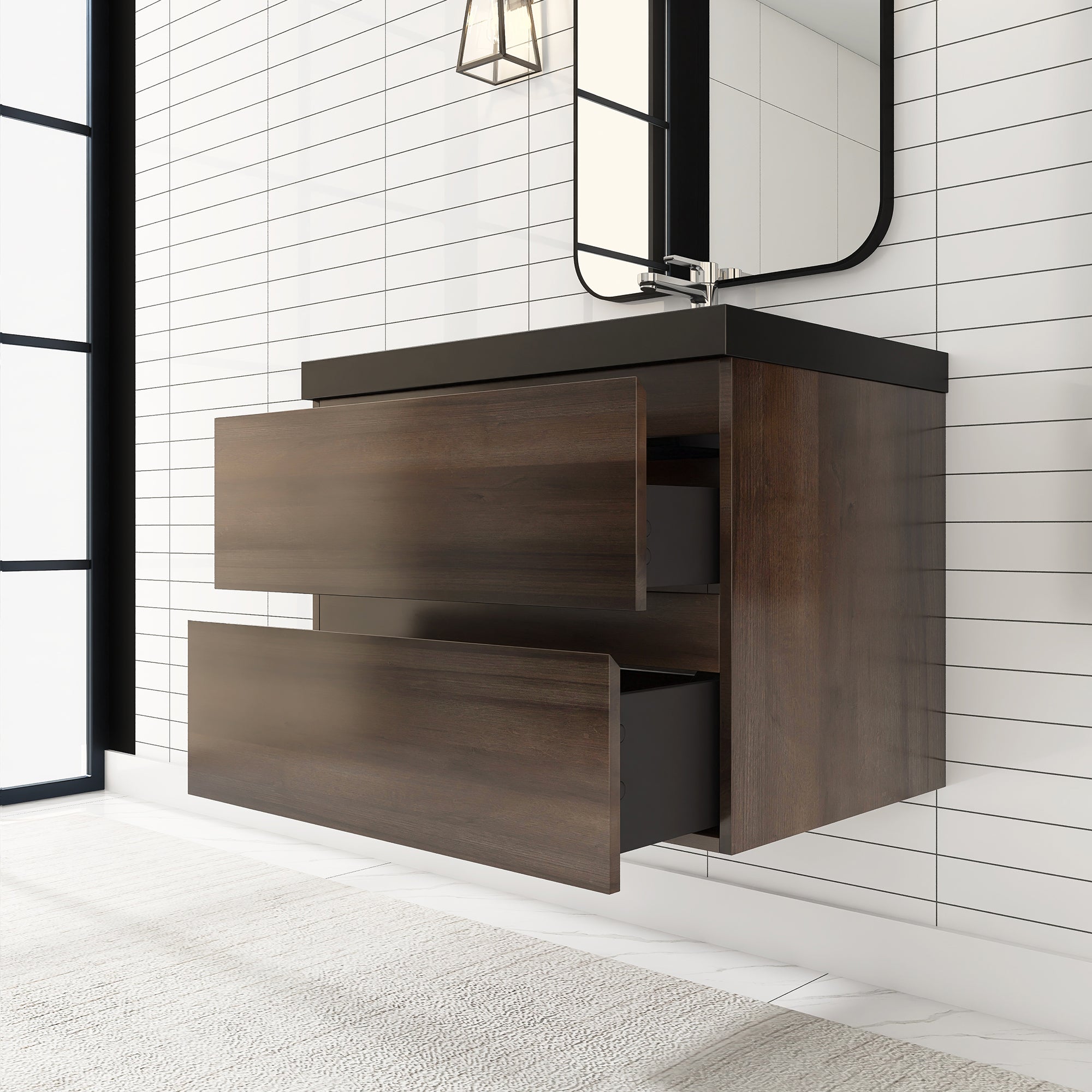 24/30/36 inch Wall-Mounted Bathroom Vanity Set in Grey Oak with Integrated Black Resin Sink