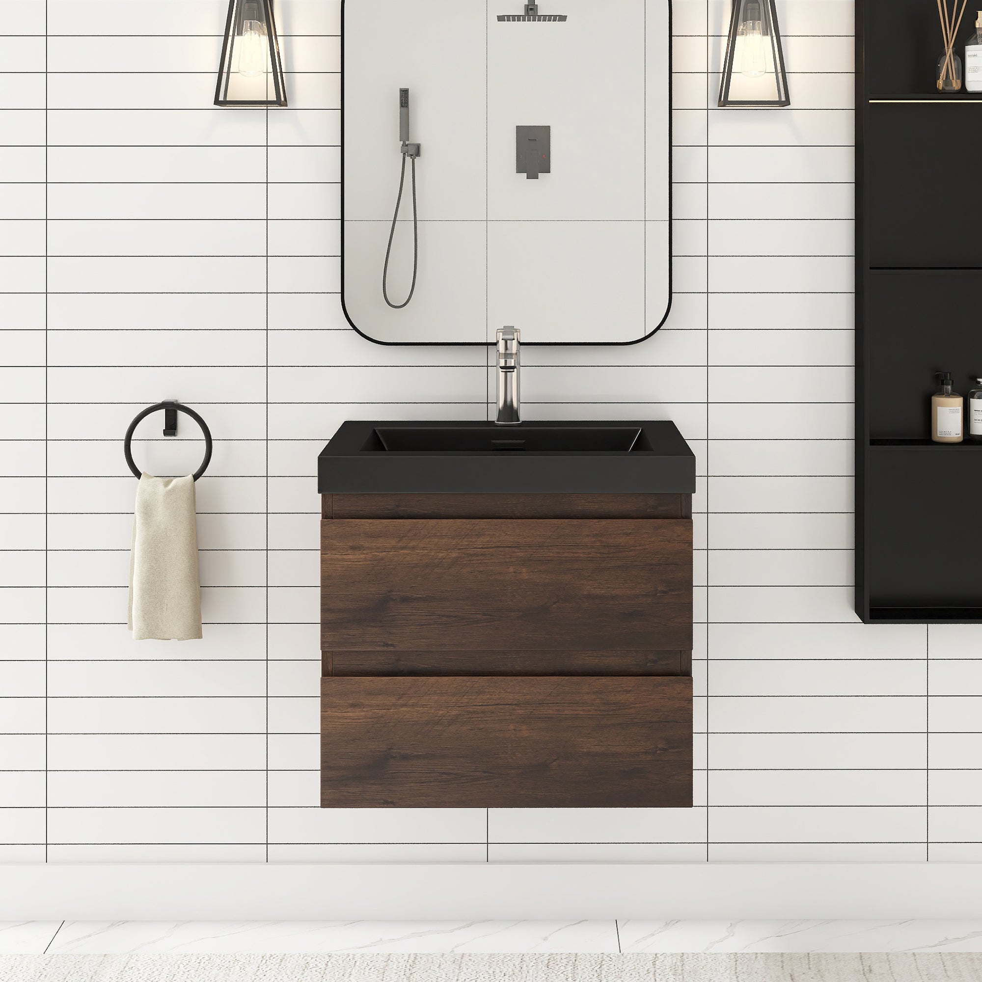 24/30/36 inch Wall-Mounted Bathroom Vanity Set in Rose Wood with Integrated Black Resin Sink