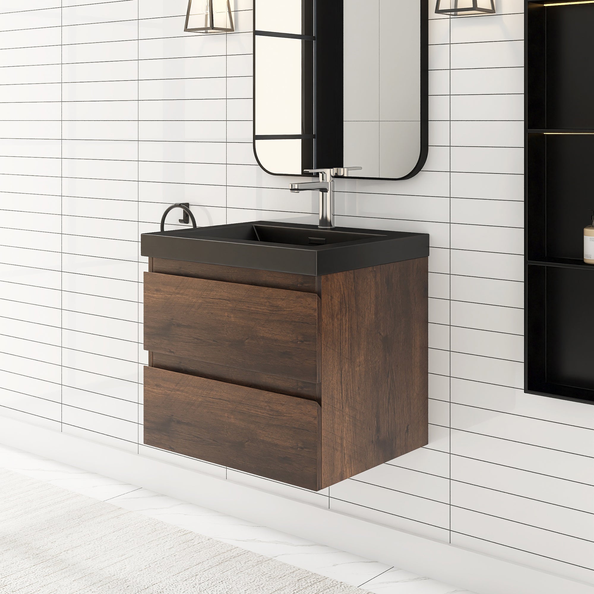 24/30/36 inch Wall-Mounted Bathroom Vanity Set in Rose Wood with Integrated Black Resin Sink