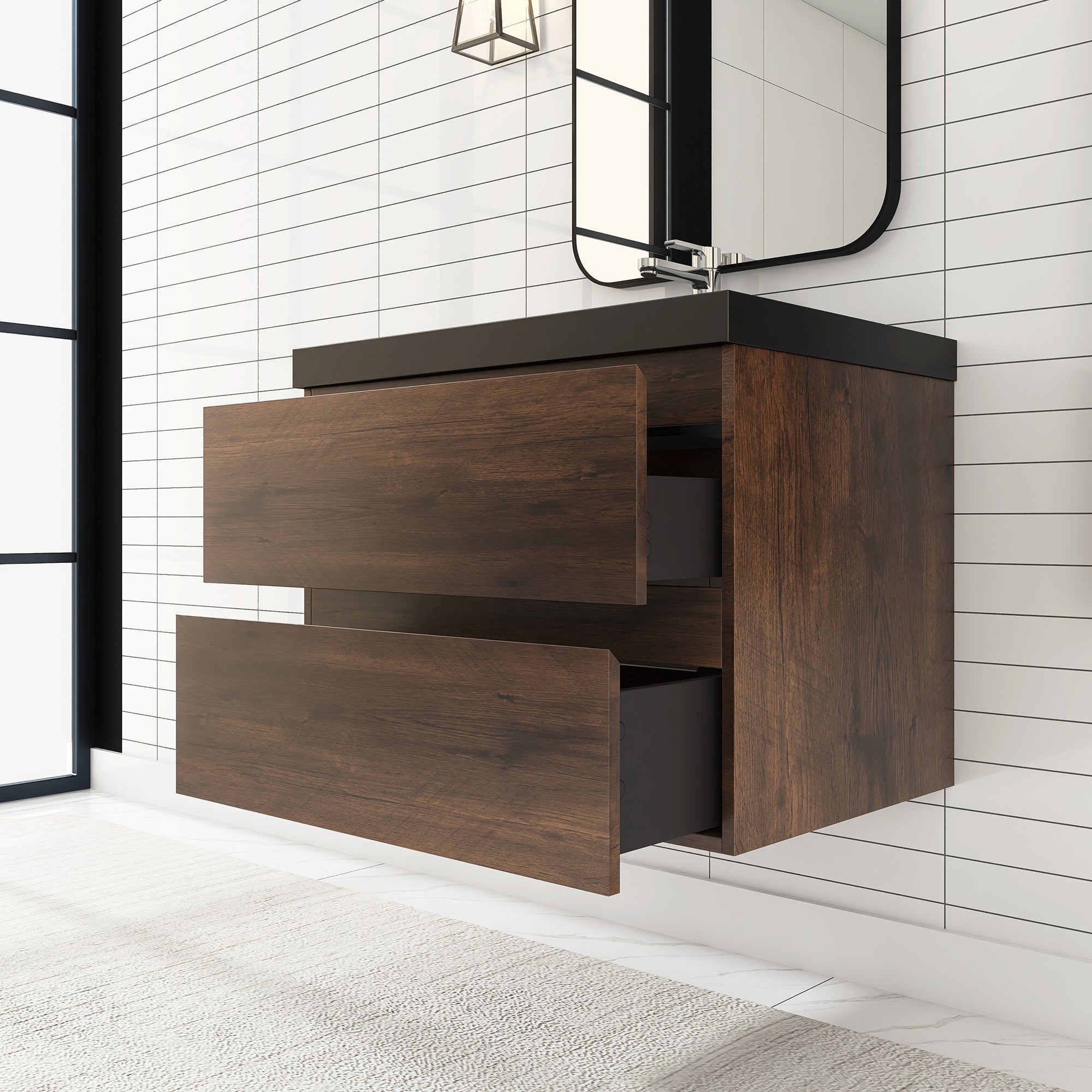 24/30/36 inch Wall-Mounted Bathroom Vanity Set in Rose Wood with Integrated Black Resin Sink