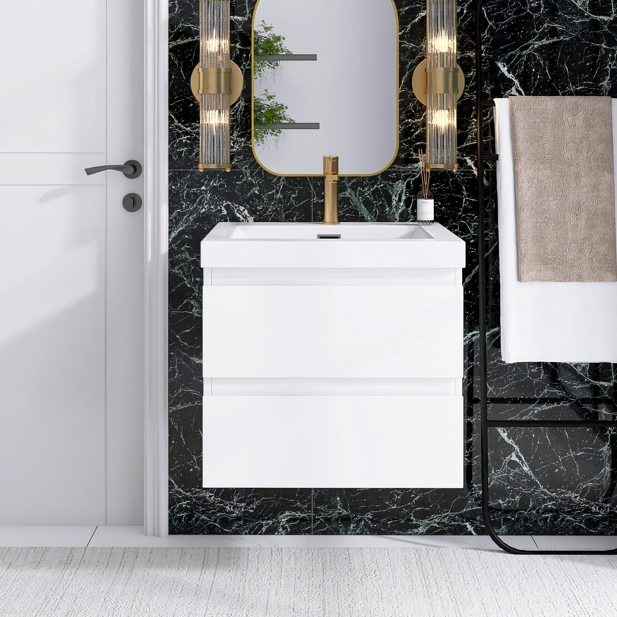 24"/30"/36"/48" Wall-Mounted 2-drawer Bathroom Vanity Set with Integrated Resin Sink