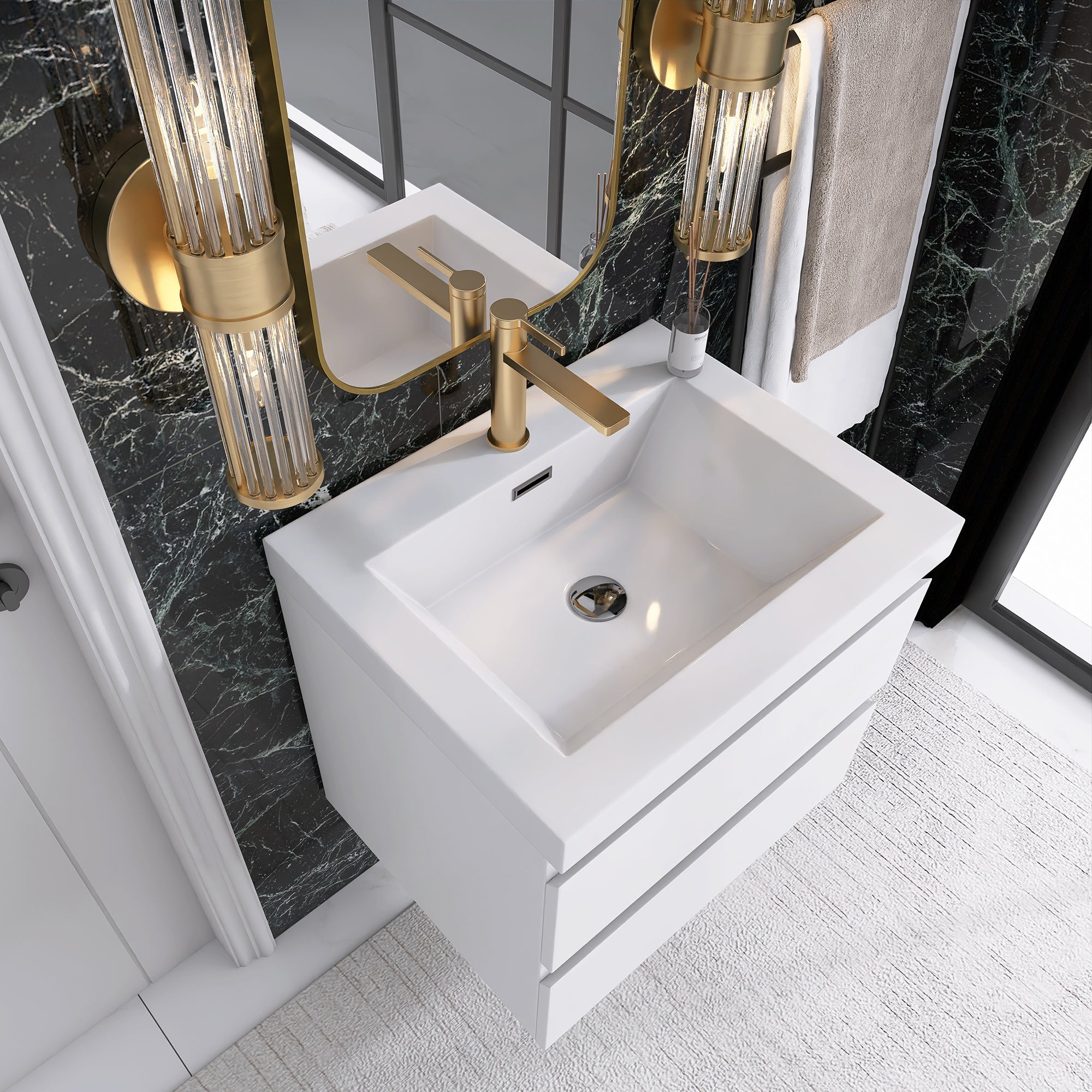 24"/30"/36"/48" Wall-Mounted 2-drawer Bathroom Vanity Set with Integrated Resin Sink