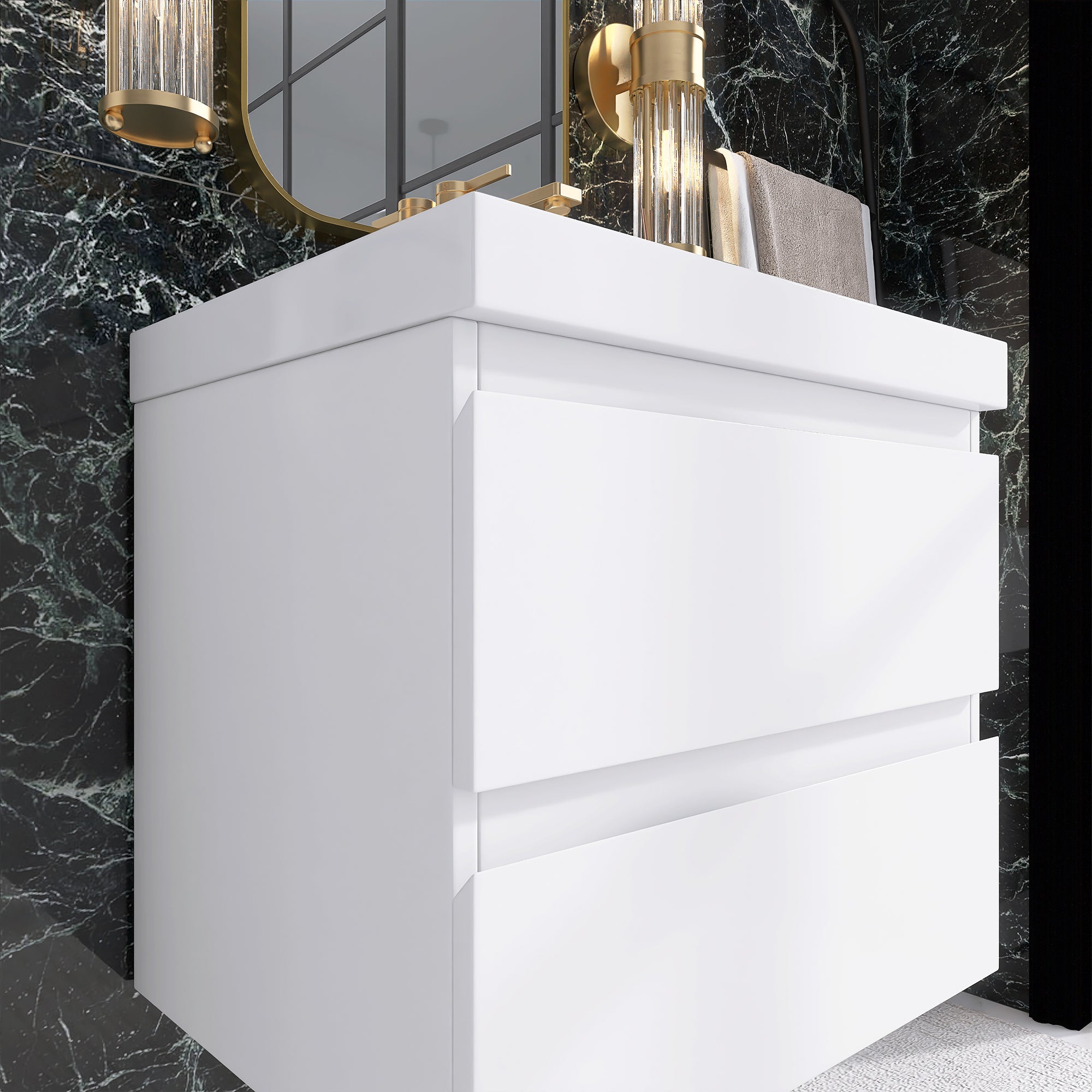 24"/30"/36"/48" Wall-Mounted 2-drawer Bathroom Vanity Set with Integrated Resin Sink