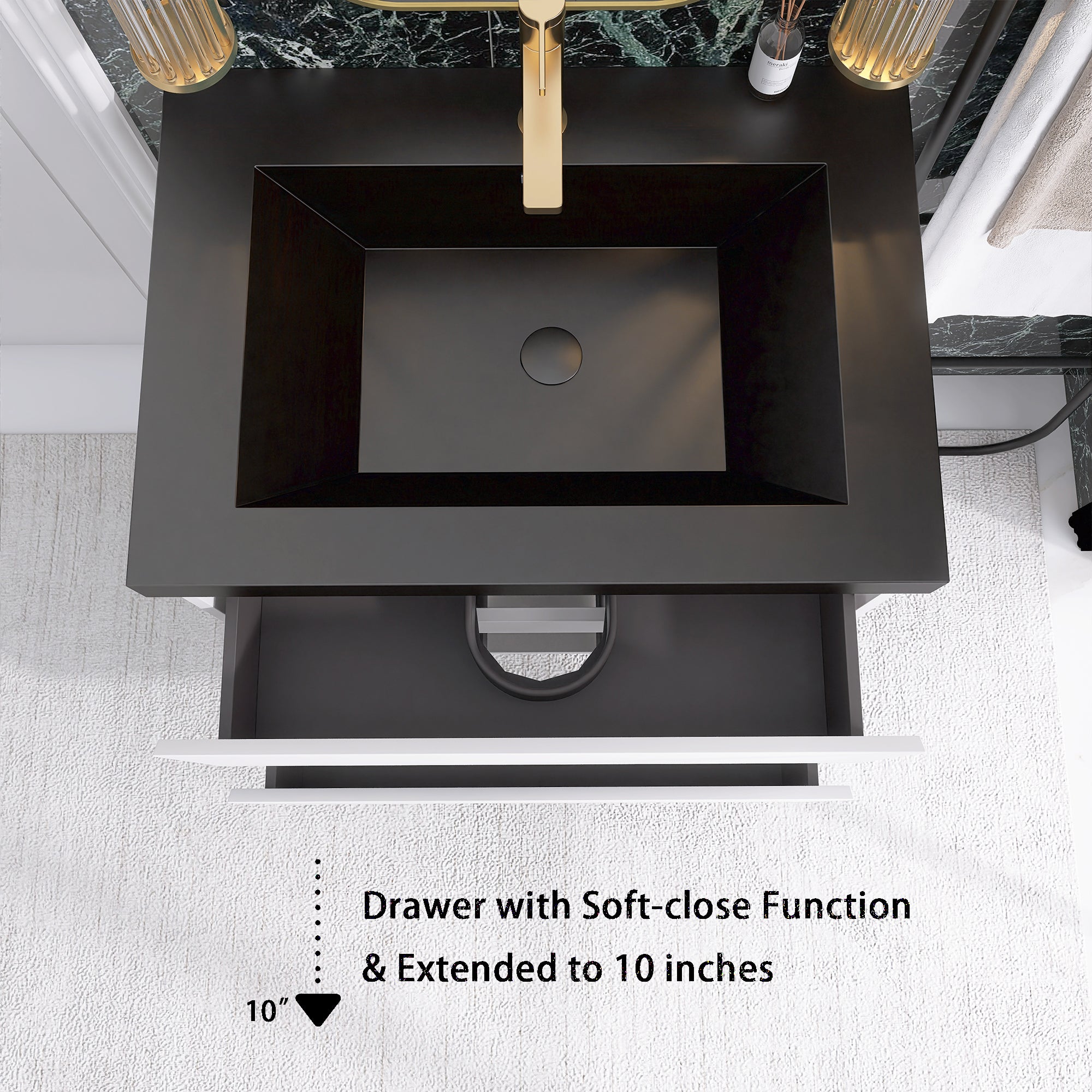 24/30/36 inch Wall-Mounted Bathroom Vanity Set in White with Integrated Black Resin Sink