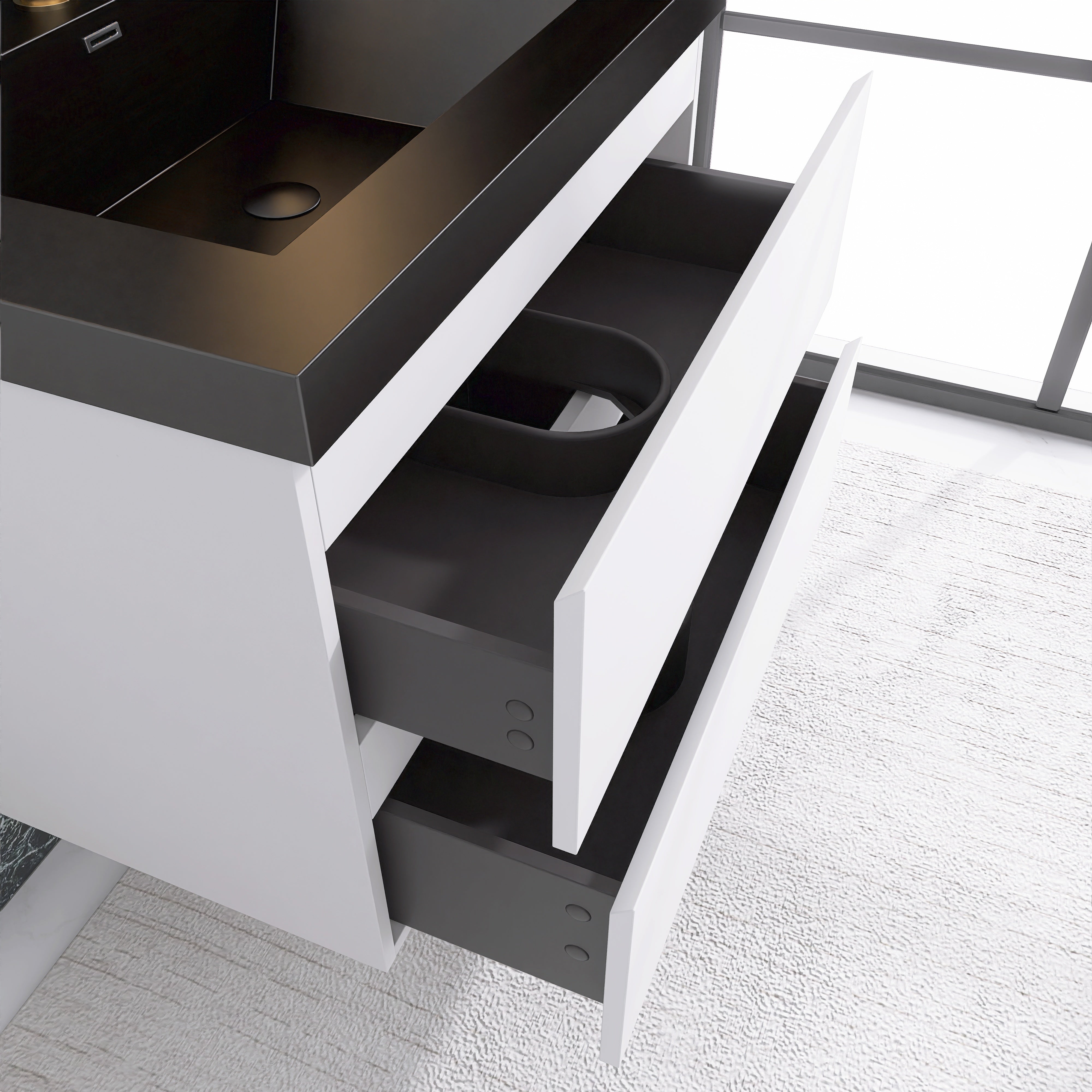 24/30/36 inch Wall-Mounted Bathroom Vanity Set in White with Integrated Black Resin Sink