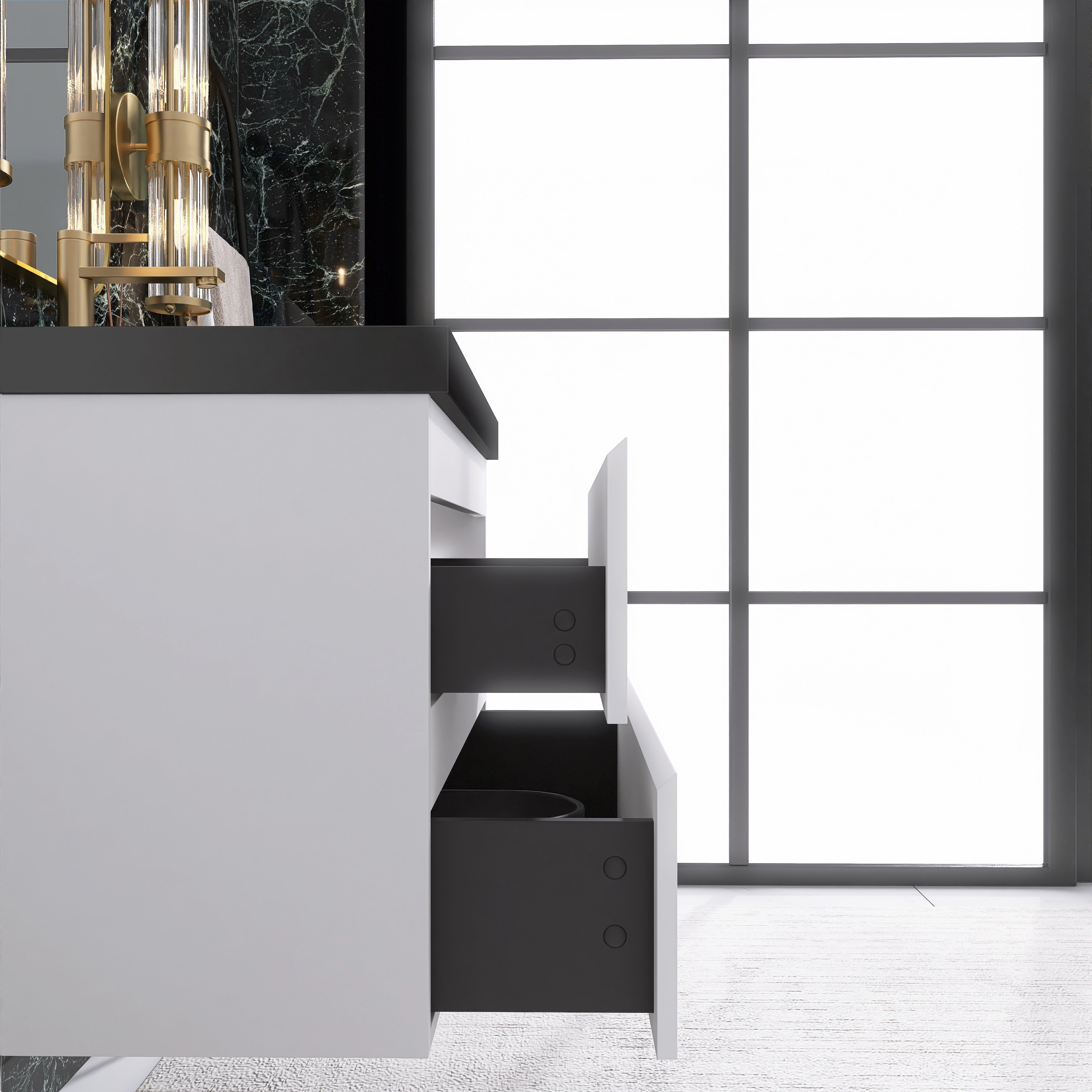 24/30/36 inch Wall-Mounted Bathroom Vanity Set in White with Integrated Black Resin Sink