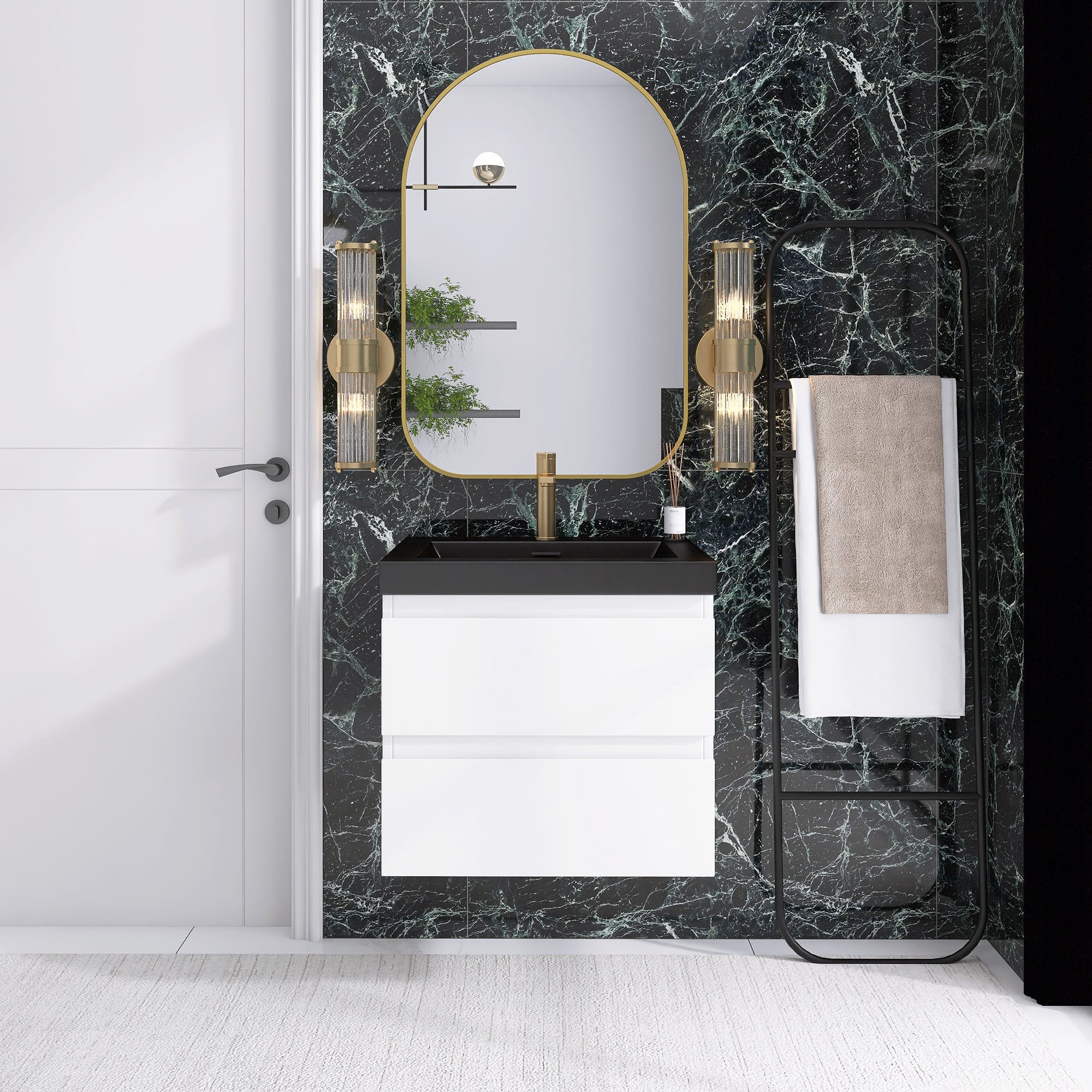 24/30/36 inch Wall-Mounted Bathroom Vanity Set in White with Integrated Black Resin Sink