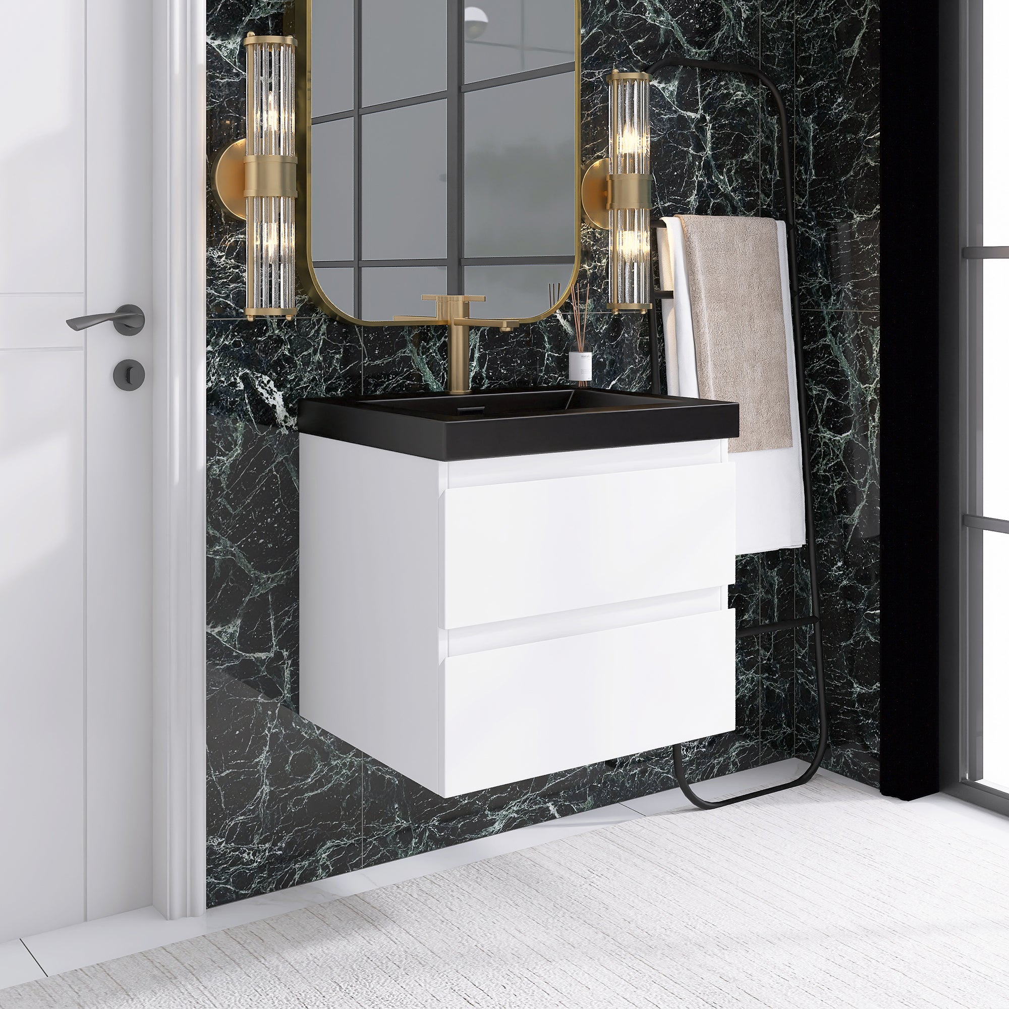 24/30/36 inch Wall-Mounted Bathroom Vanity Set in White with Integrated Black Resin Sink