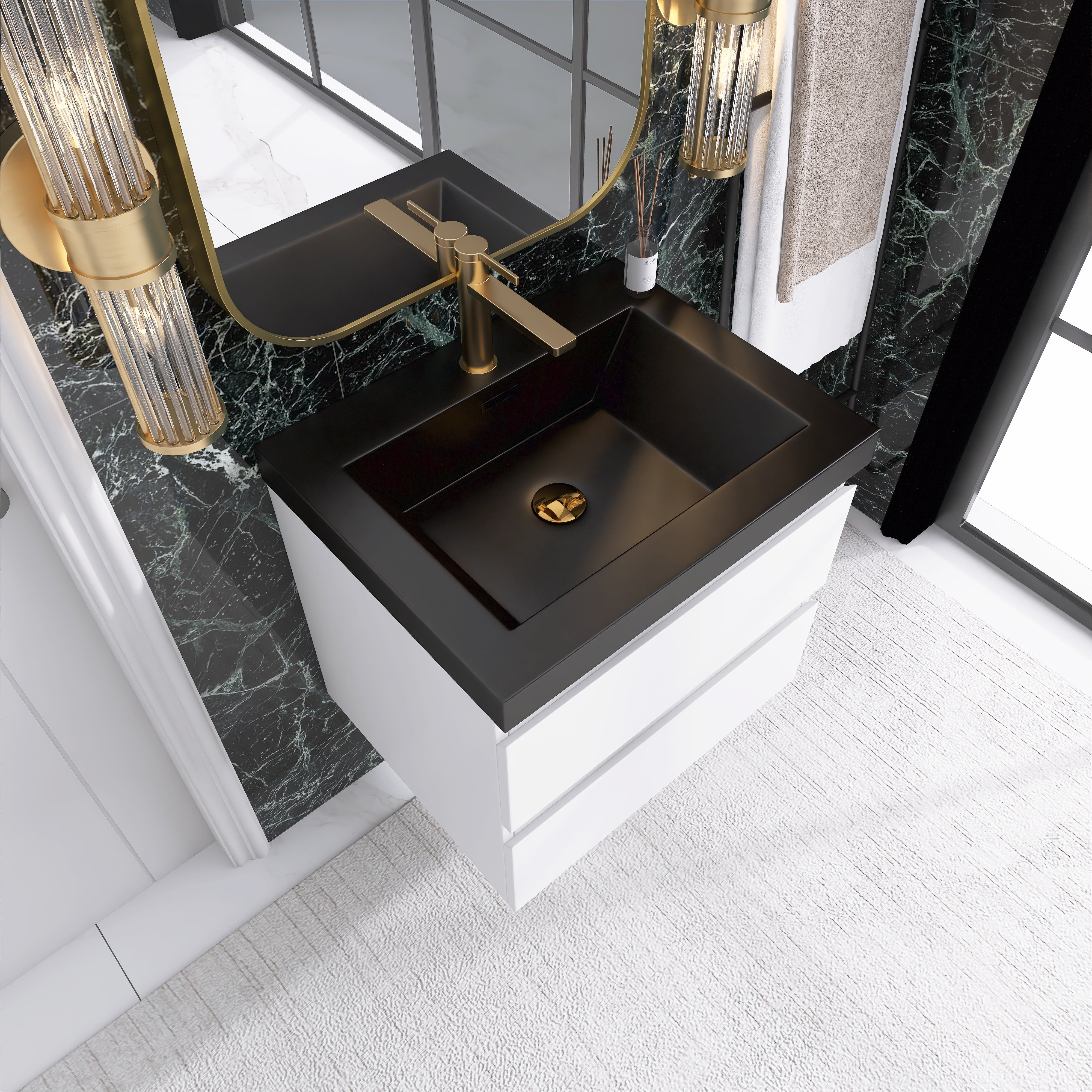24/30/36 inch Wall-Mounted Bathroom Vanity Set in White with Integrated Black Resin Sink
