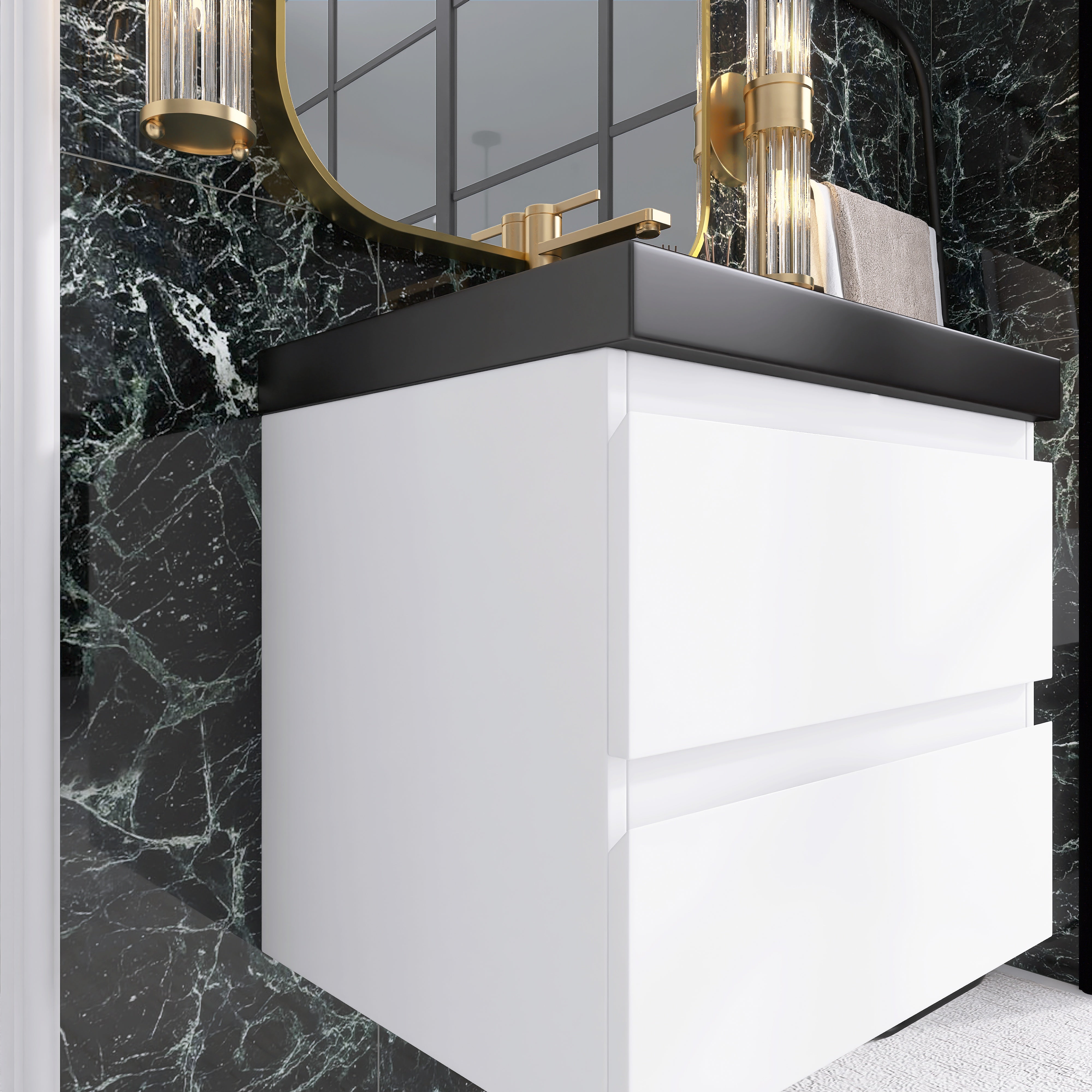 24/30/36 inch Wall-Mounted Bathroom Vanity Set in White with Integrated Black Resin Sink