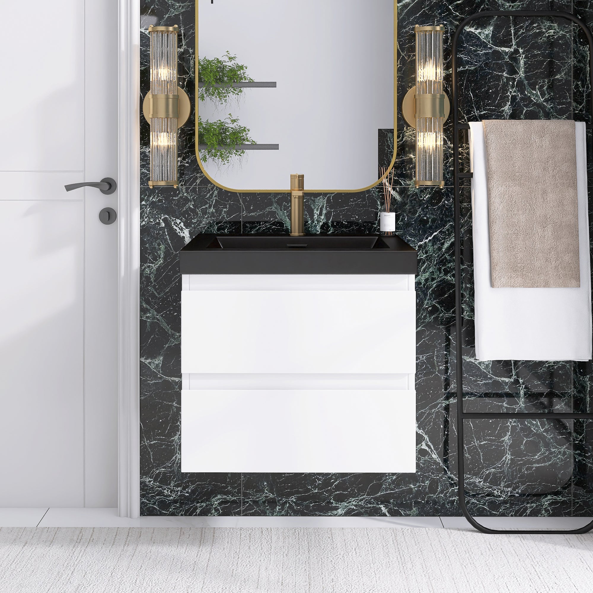 24/30/36 inch Wall-Mounted Bathroom Vanity Set in White with Integrated Black Resin Sink