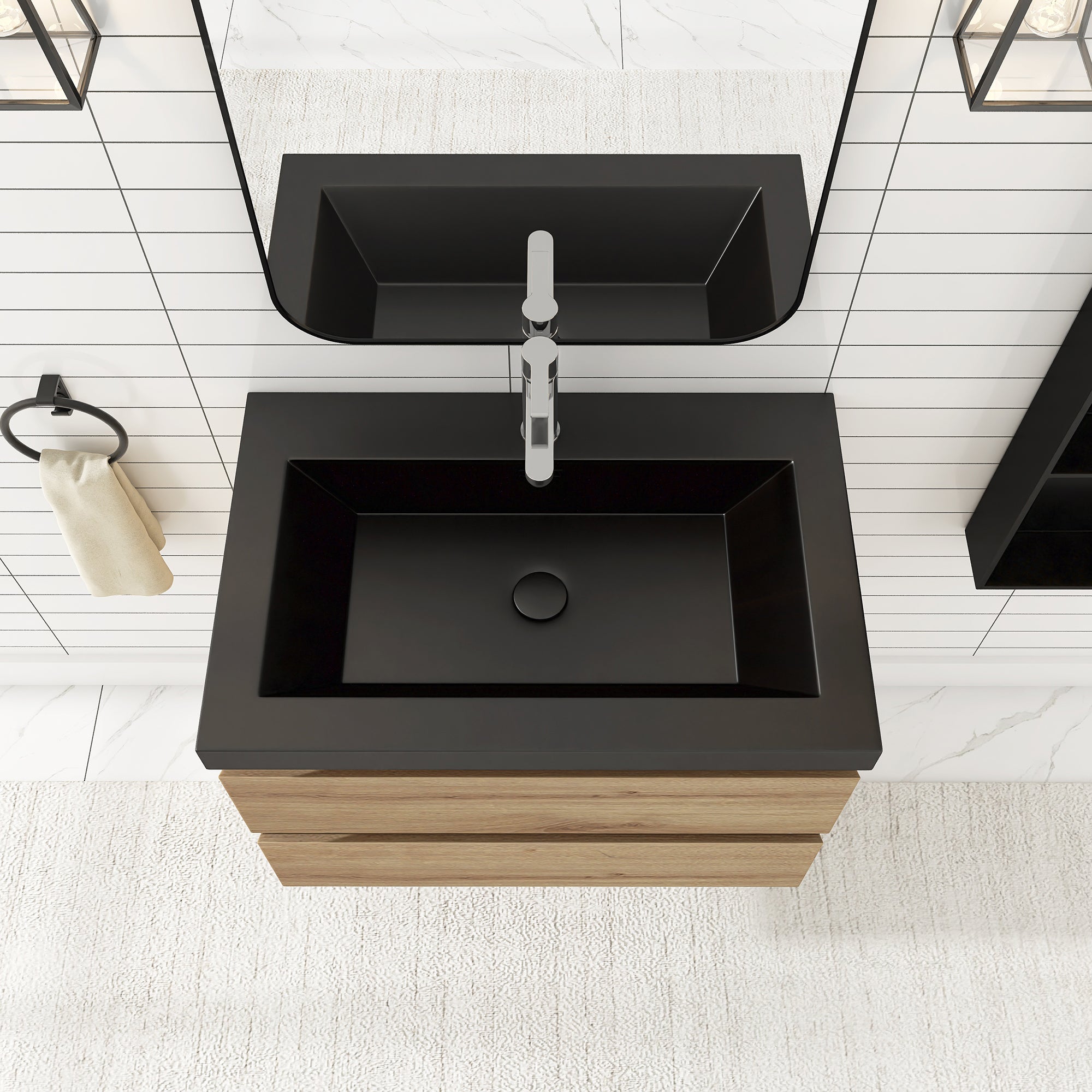 24/30/36 inch Wall-Mounted Bathroom Vanity Set in F. Oak with Integrated Black Resin Sink