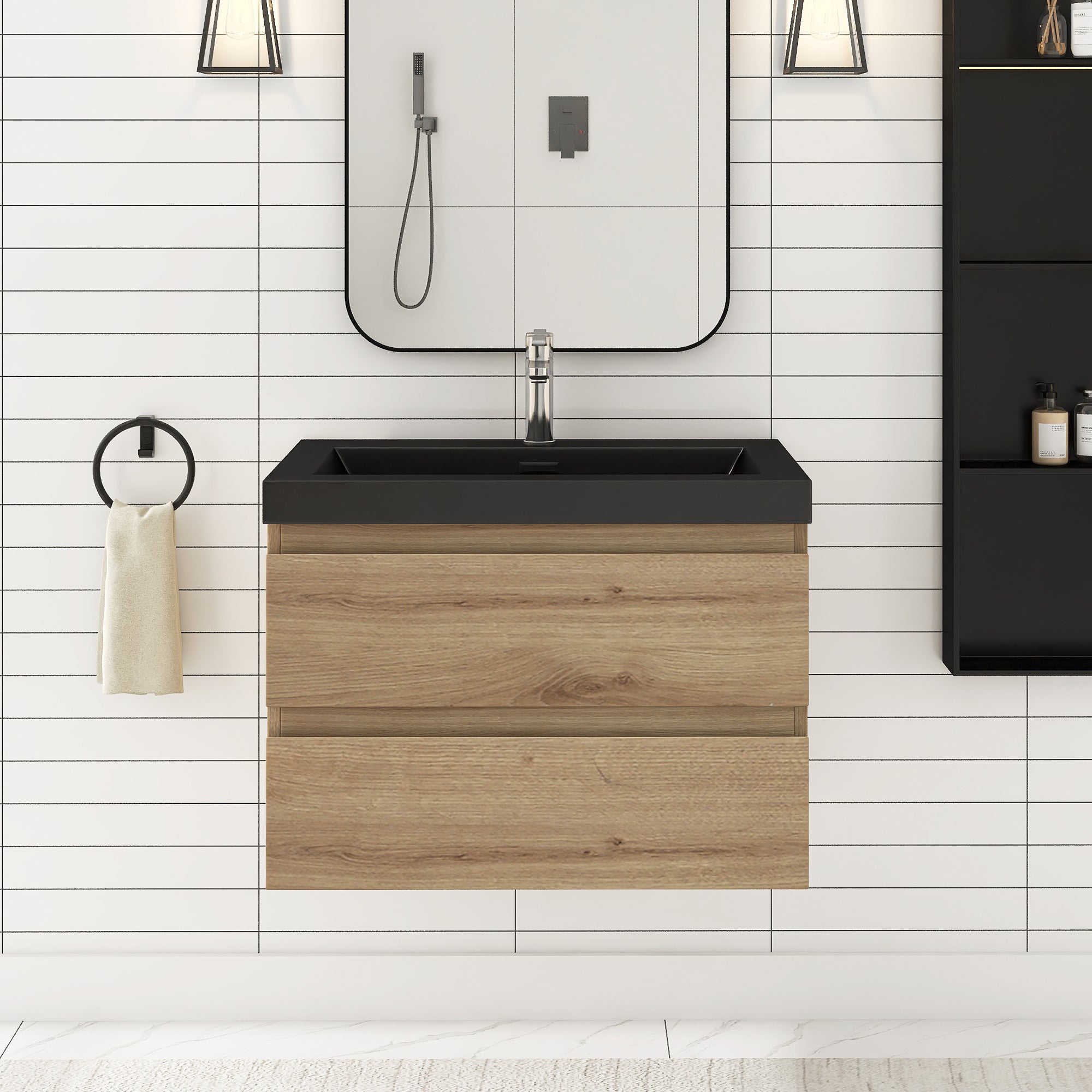 24/30/36 inch Wall-Mounted Bathroom Vanity Set in F. Oak with Integrated Black Resin Sink