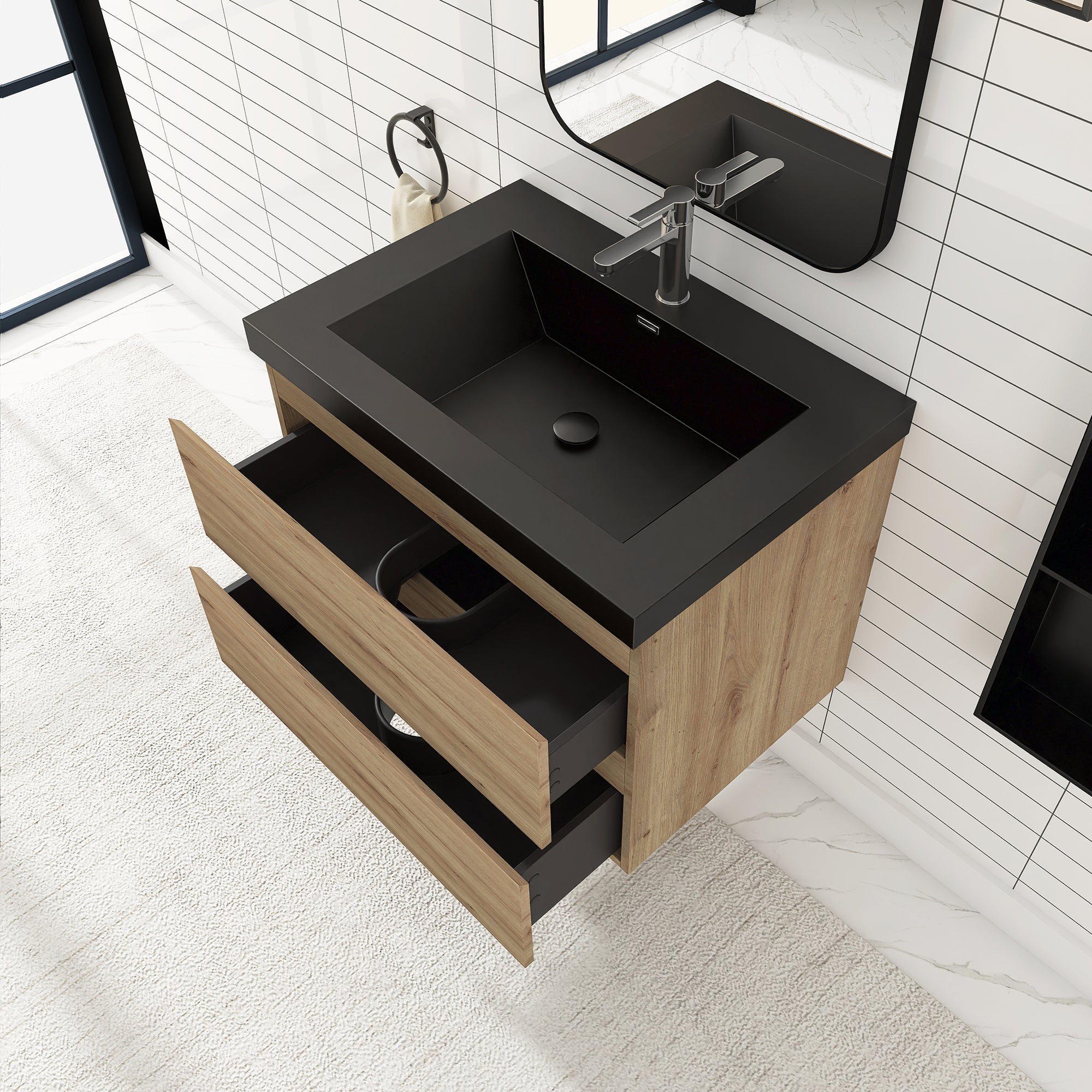 24/30/36 inch Wall-Mounted Bathroom Vanity Set in F. Oak with Integrated Black Resin Sink