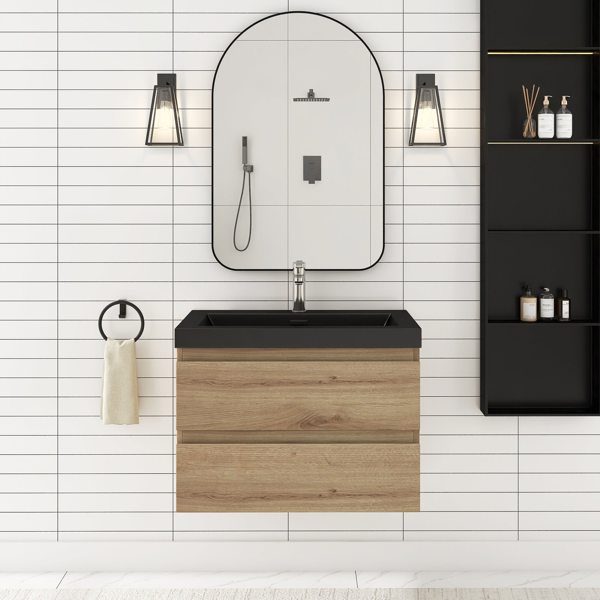 24/30/36 inch Wall-Mounted Bathroom Vanity Set in F. Oak with Integrated Black Resin Sink