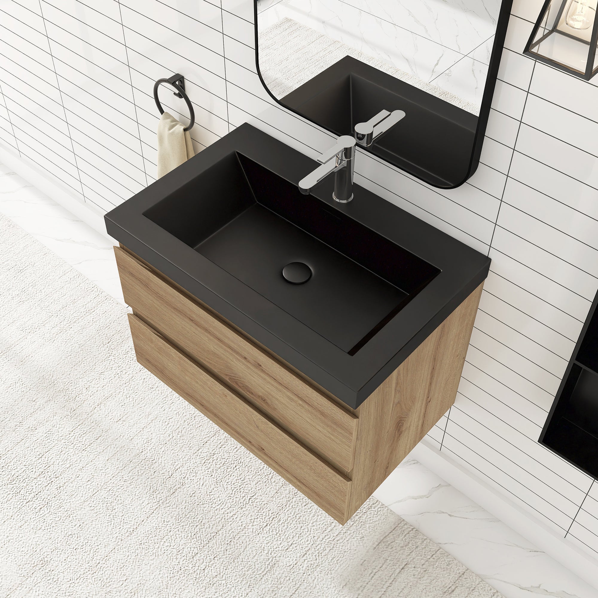 24/30/36 inch Wall-Mounted Bathroom Vanity Set in F. Oak with Integrated Black Resin Sink
