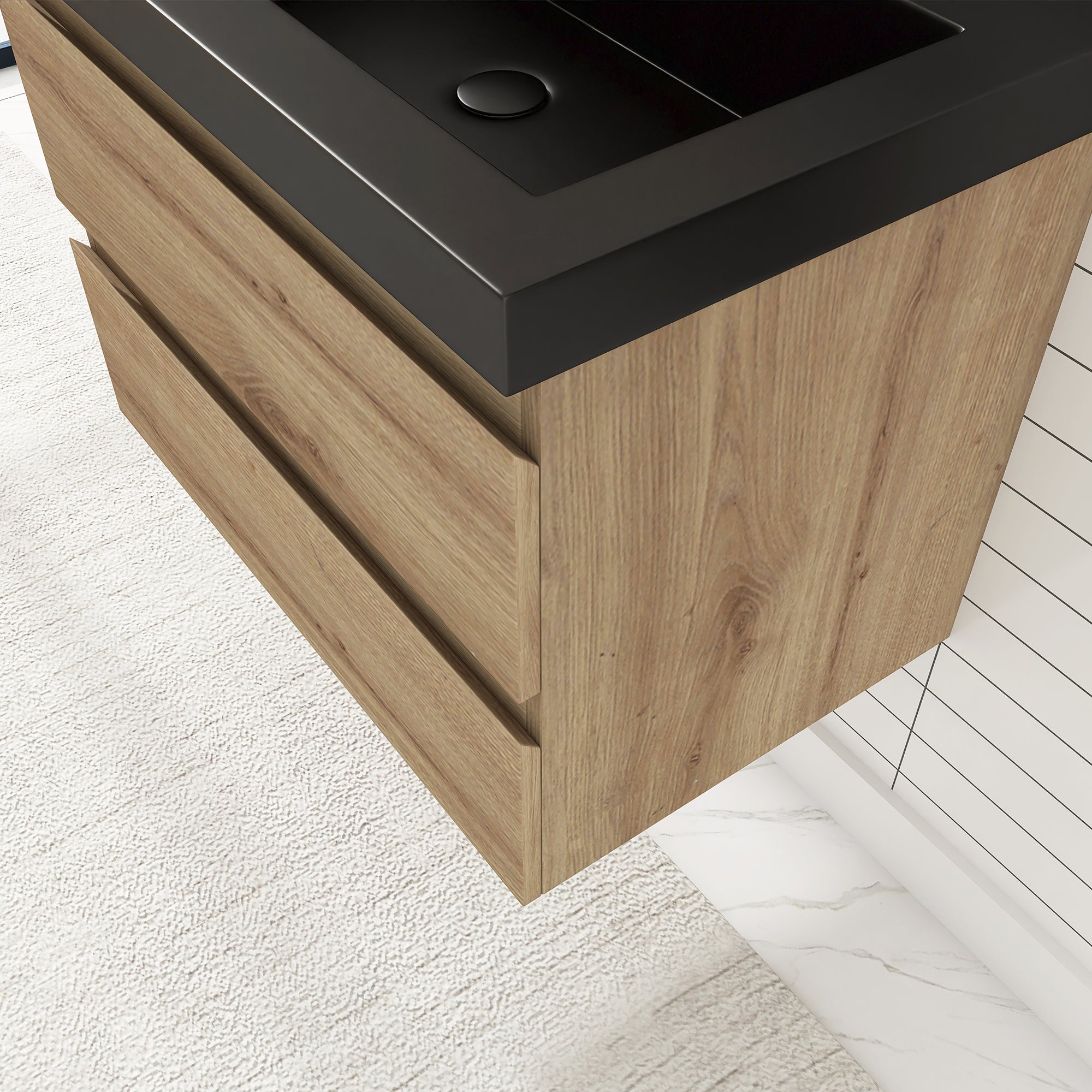 24/30/36 inch Wall-Mounted Bathroom Vanity Set in F. Oak with Integrated Black Resin Sink