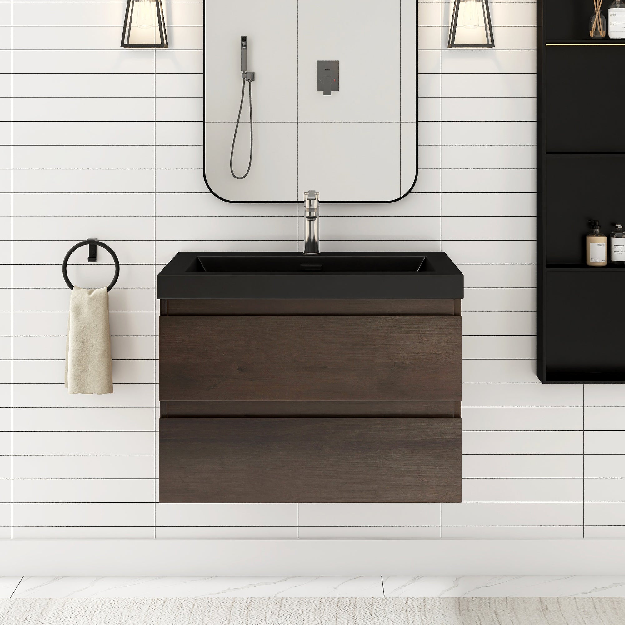 24/30/36 inch Wall-Mounted Bathroom Vanity Set in Grey Oak with Integrated Black Resin Sink