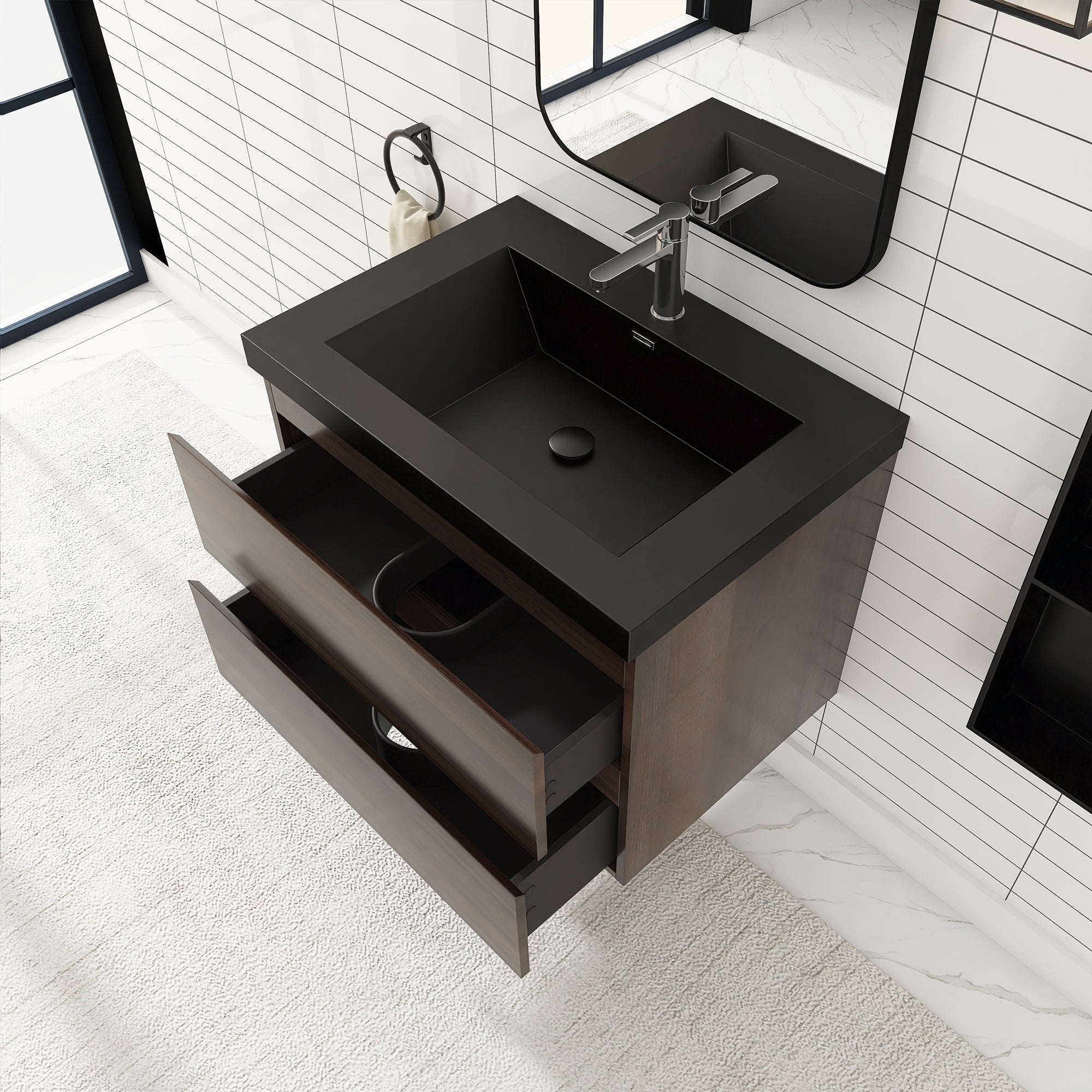 24/30/36 inch Wall-Mounted Bathroom Vanity Set in Grey Oak with Integrated Black Resin Sink