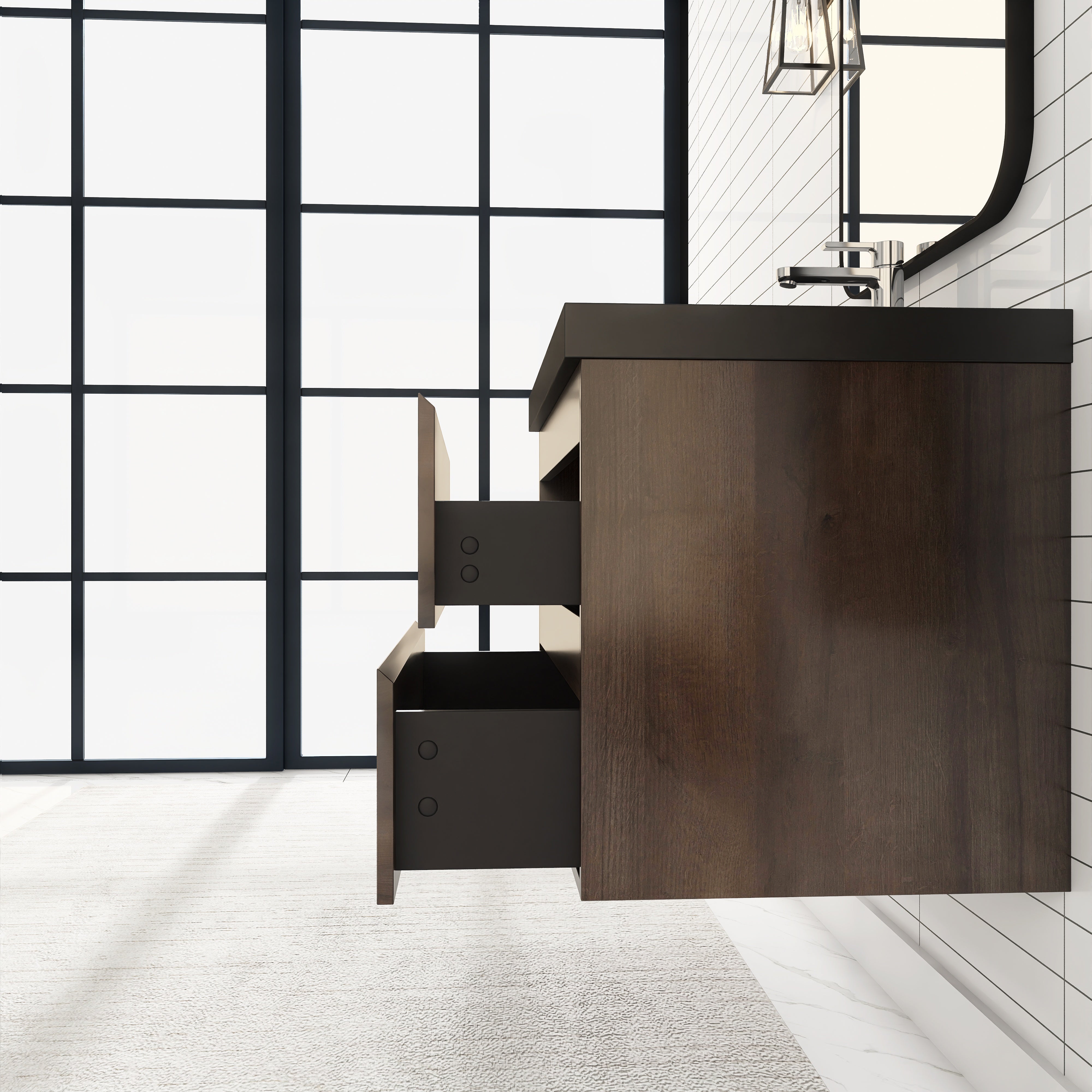 24/30/36 inch Wall-Mounted Bathroom Vanity Set in Grey Oak with Integrated Black Resin Sink