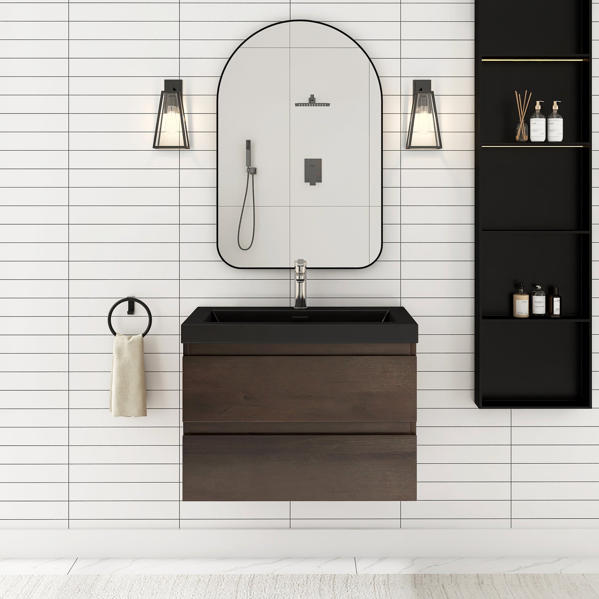 24/30/36 inch Wall-Mounted Bathroom Vanity Set in Grey Oak with Integrated Black Resin Sink