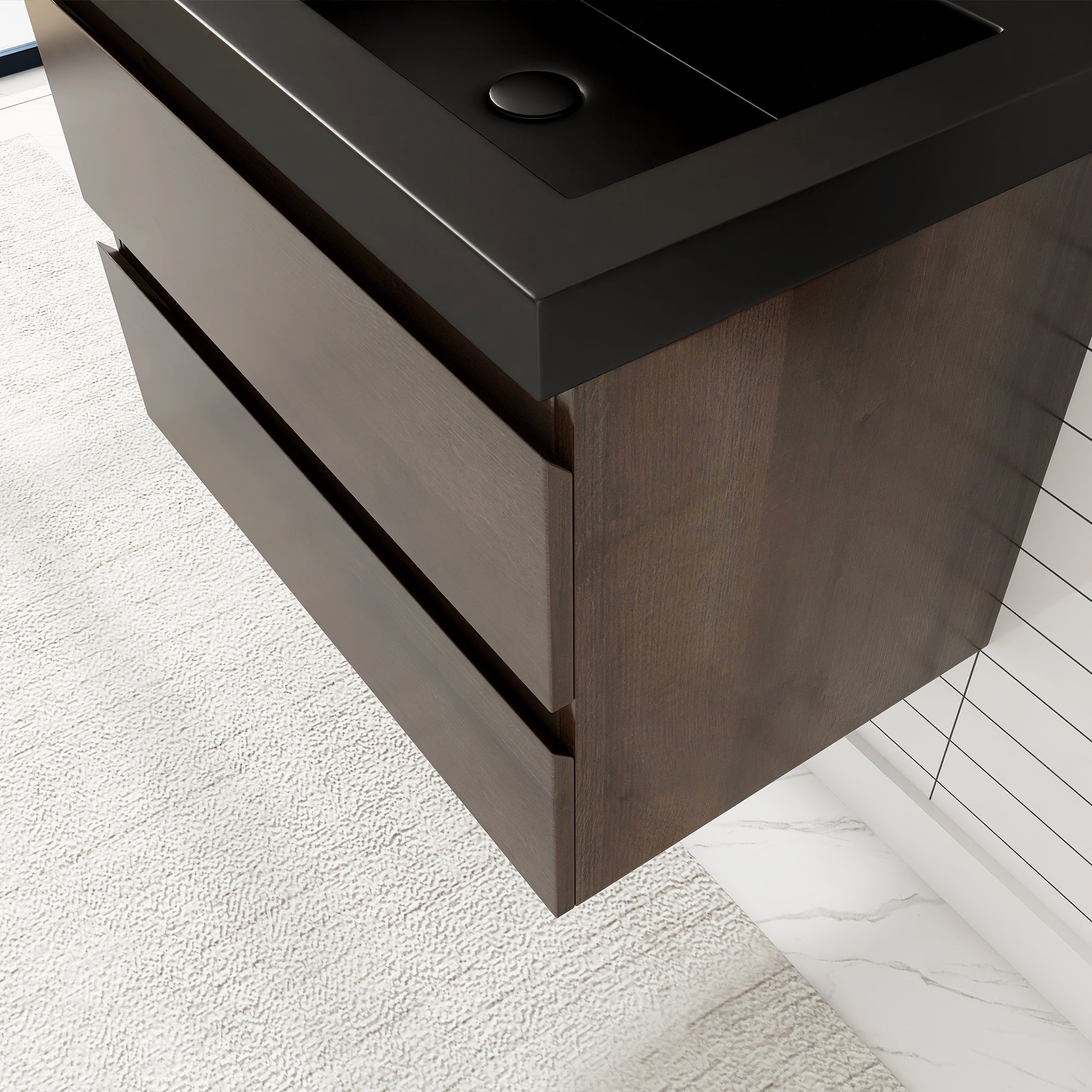 24/30/36 inch Wall-Mounted Bathroom Vanity Set in Grey Oak with Integrated Black Resin Sink