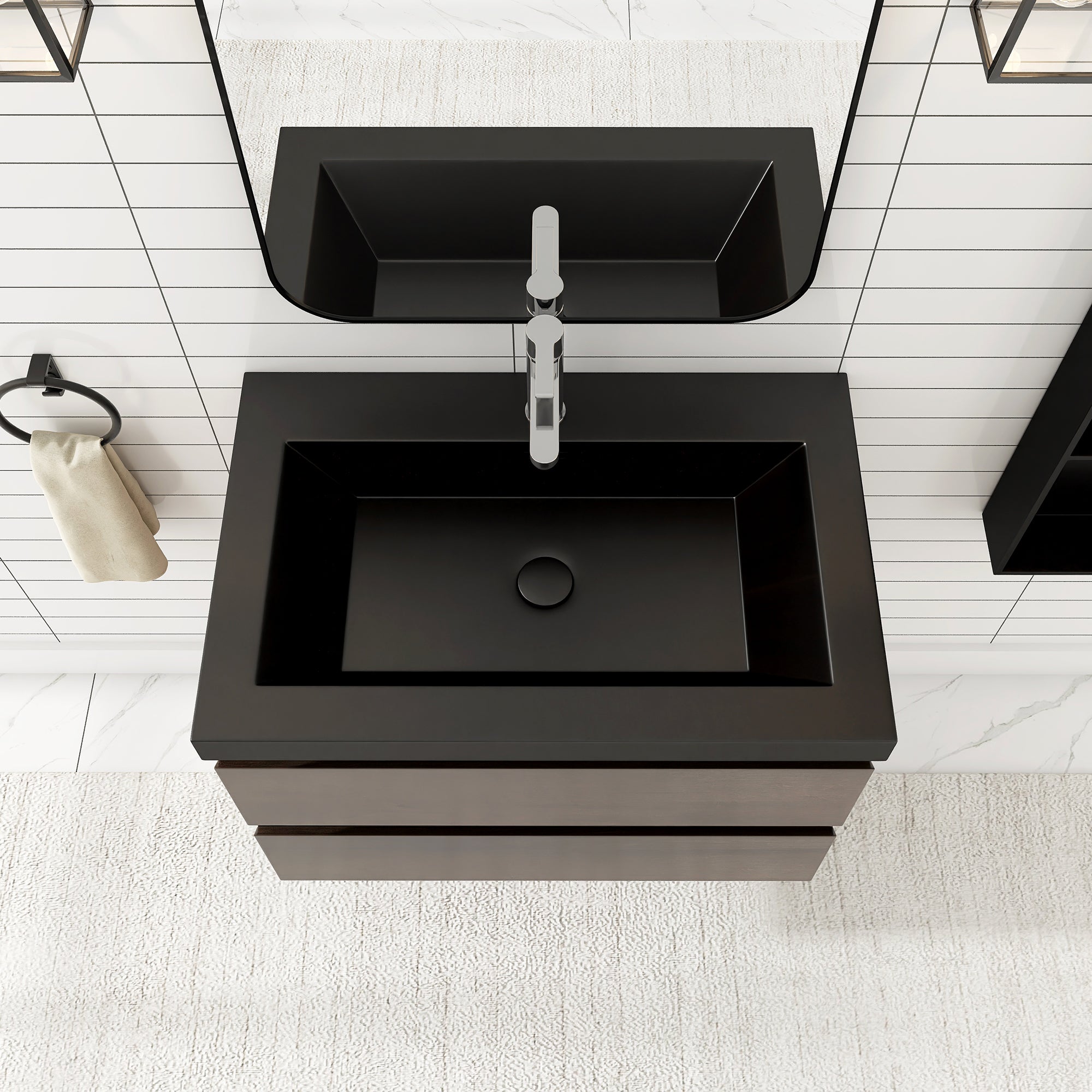 24/30/36 inch Wall-Mounted Bathroom Vanity Set in Grey Oak with Integrated Black Resin Sink