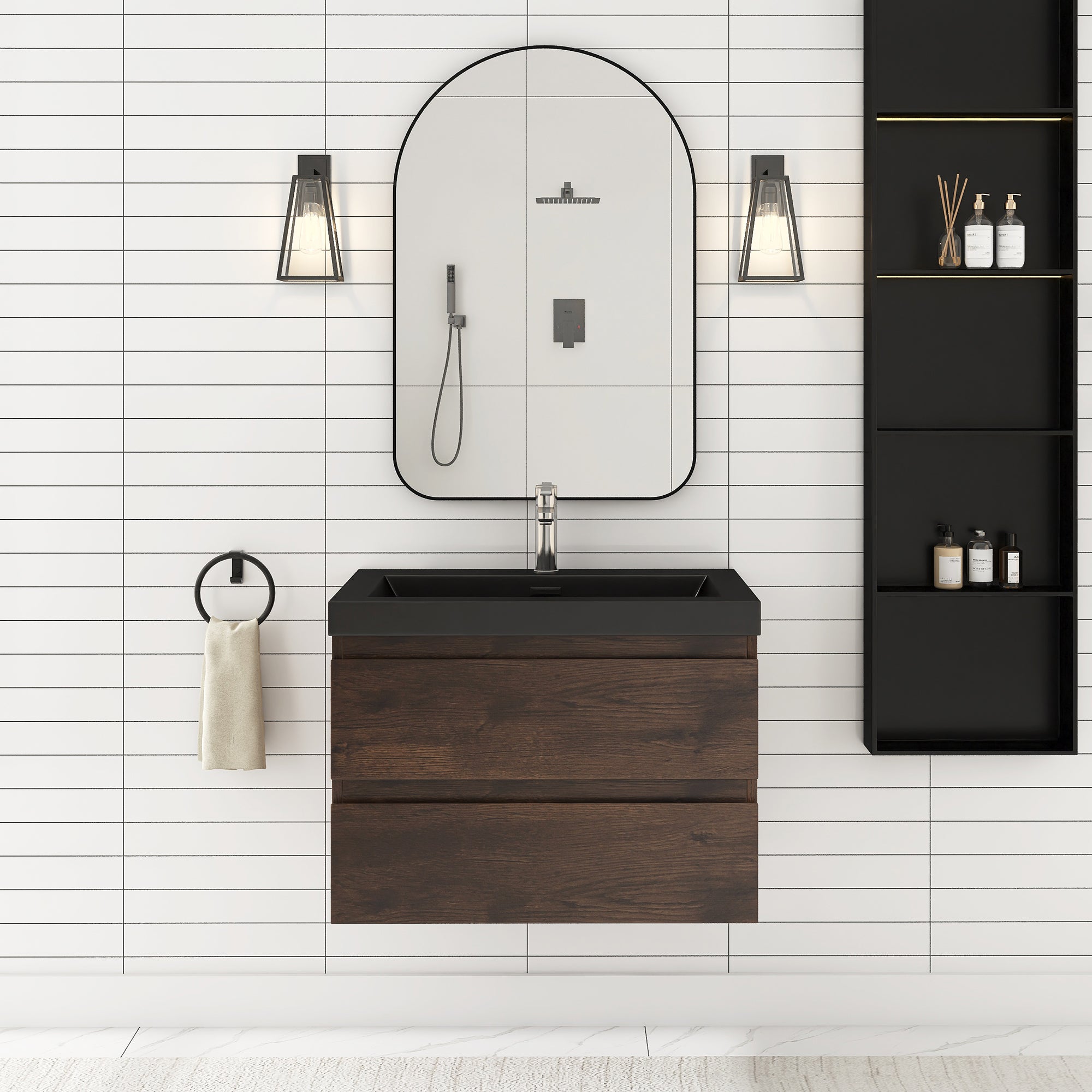 24/30/36 inch Wall-Mounted Bathroom Vanity Set in Rose Wood with Integrated Black Resin Sink