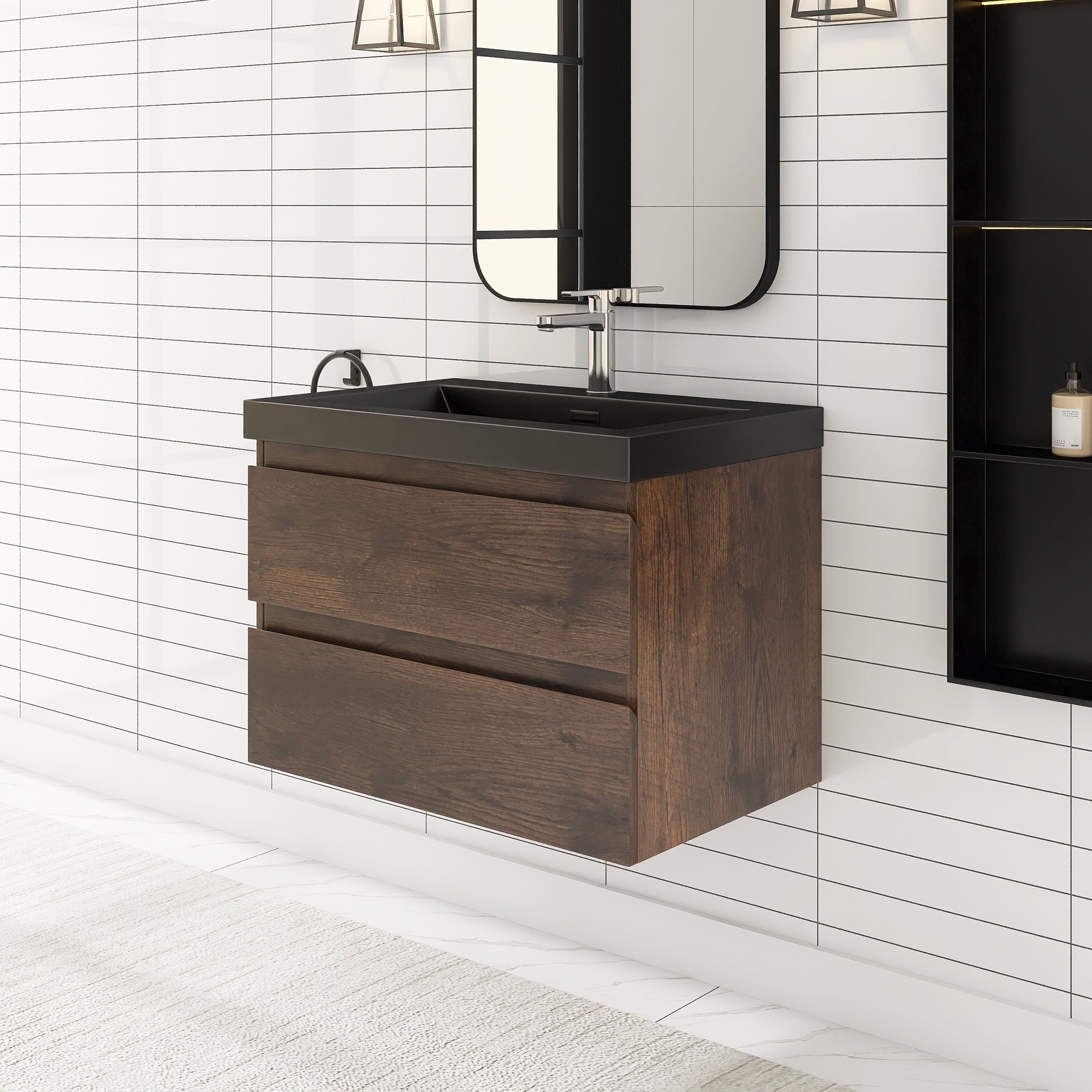 24/30/36 inch Wall-Mounted Bathroom Vanity Set in Rose Wood with Integrated Black Resin Sink