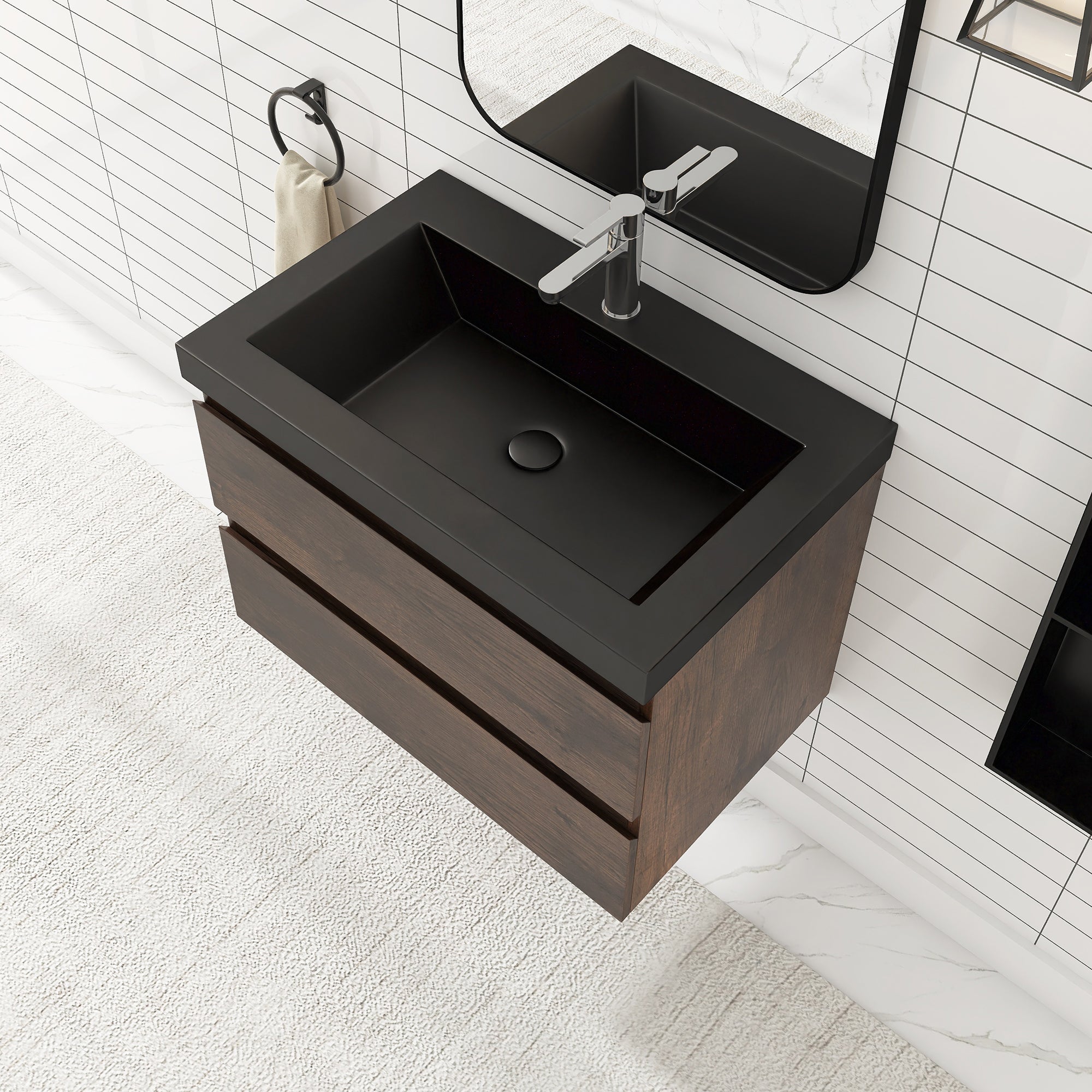 24/30/36 inch Wall-Mounted Bathroom Vanity Set in Rose Wood with Integrated Black Resin Sink